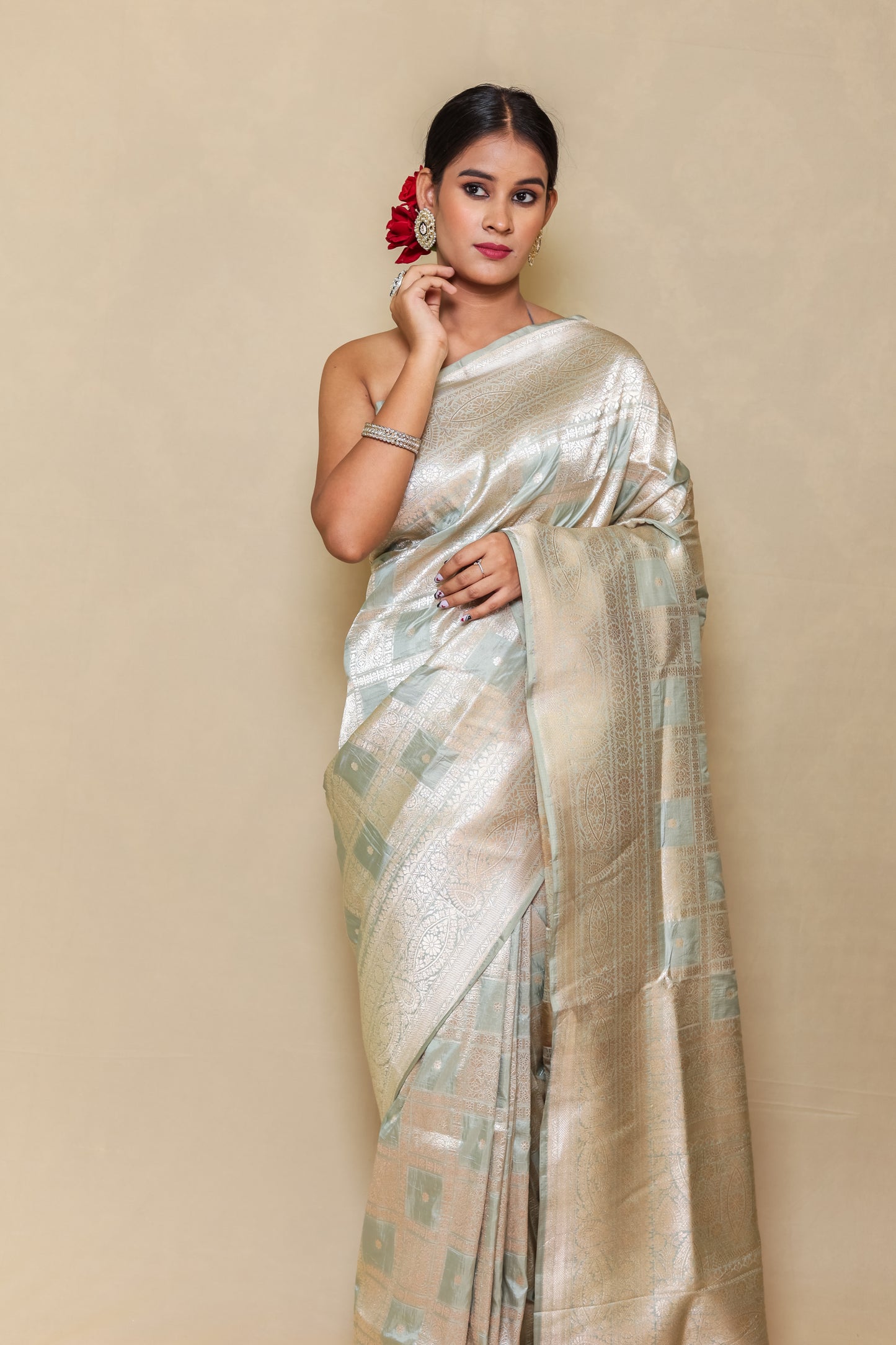 Cream with Grey Pure Katan Silk Edition Banarasi Saree