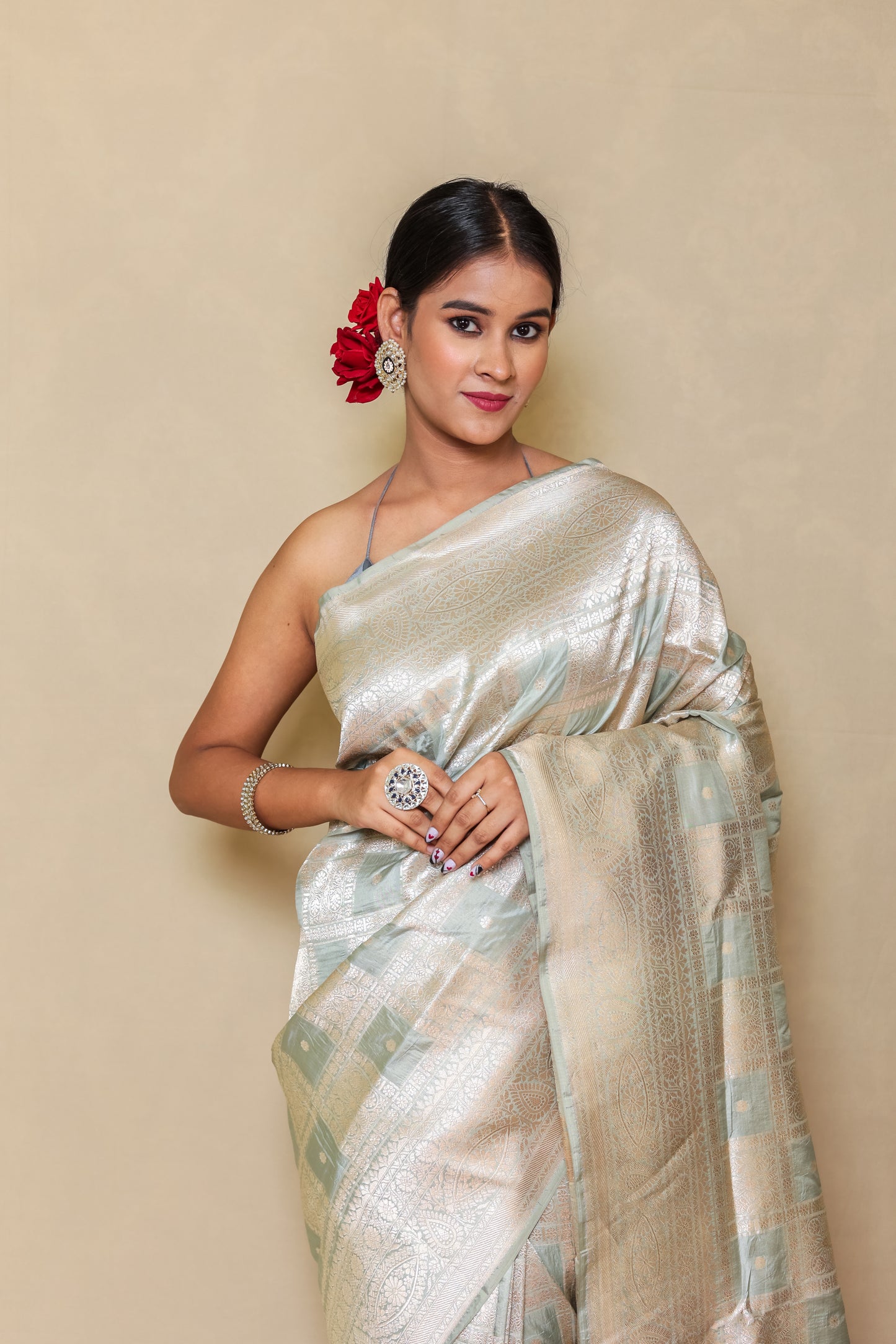 Cream with Grey Pure Katan Silk Edition Banarasi Saree