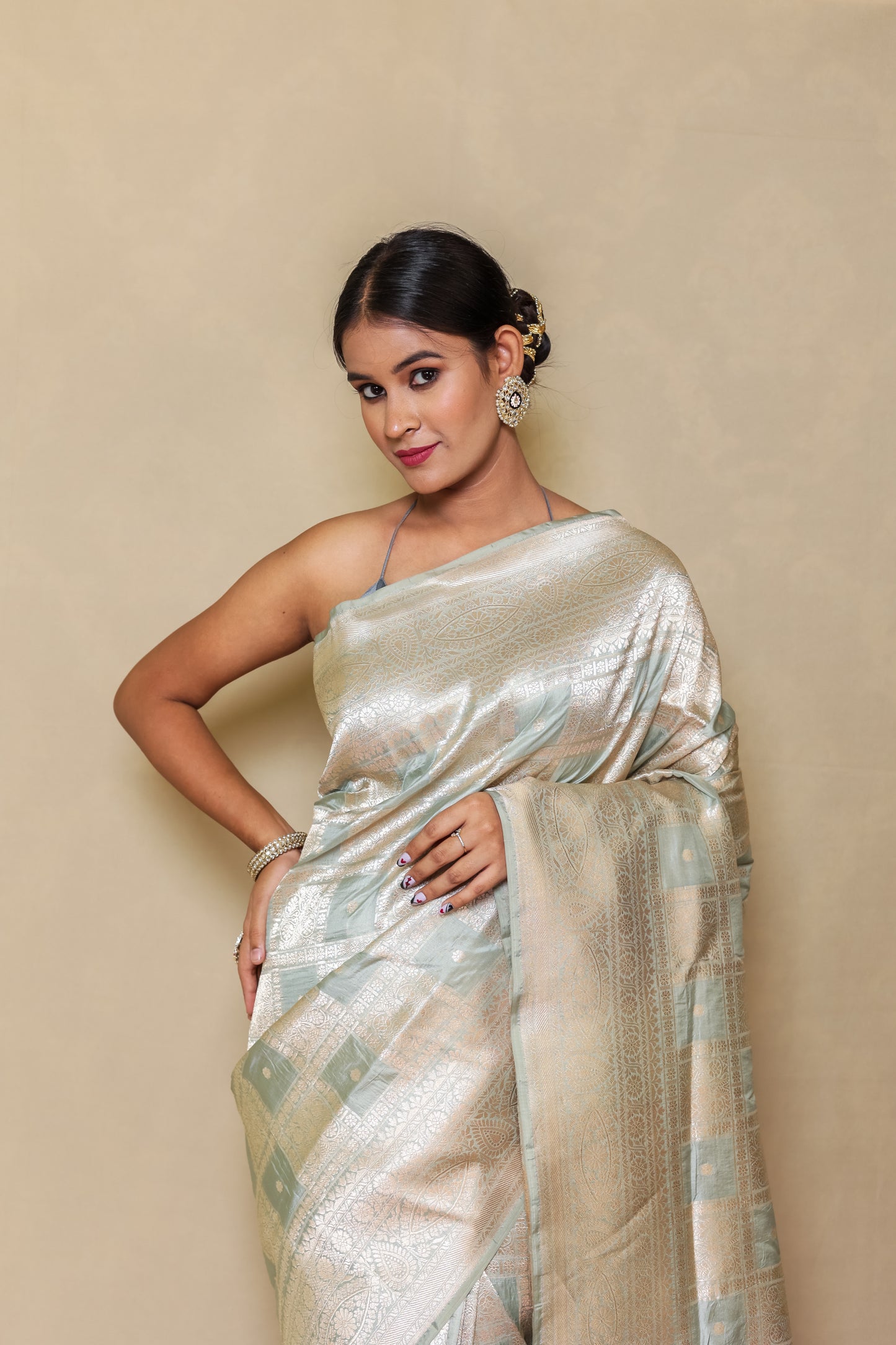 Cream with Grey Pure Katan Silk Edition Banarasi Saree