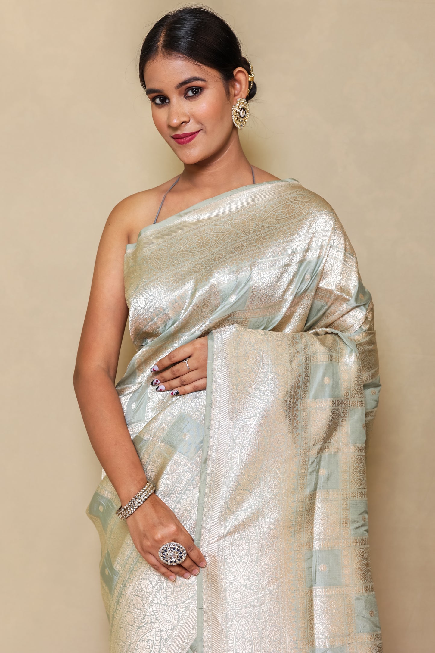 Cream with Grey Pure Katan Silk Edition Banarasi Saree
