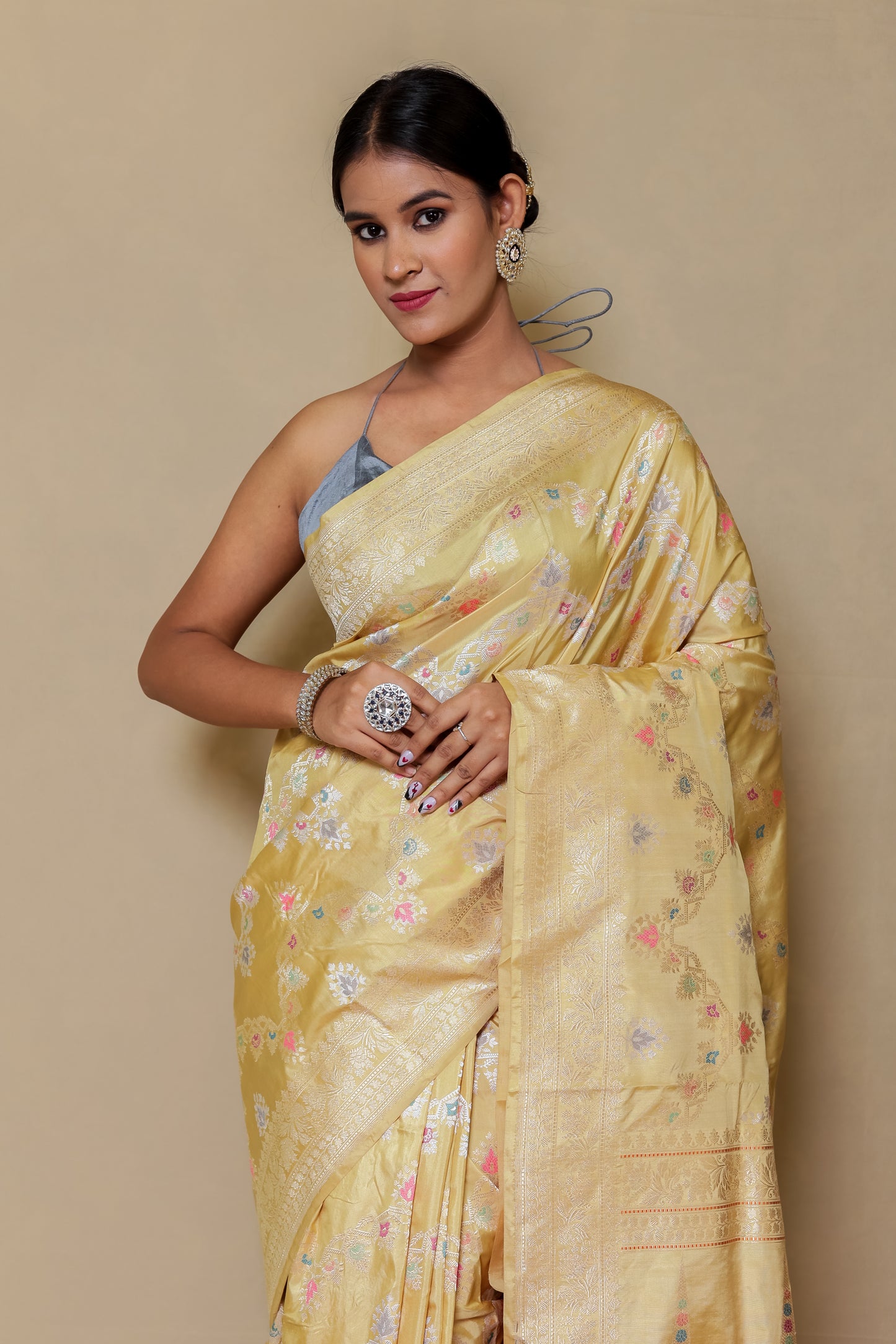 Banarasi Meenakari Jali Design - Cream Golden Mina Flower Saree