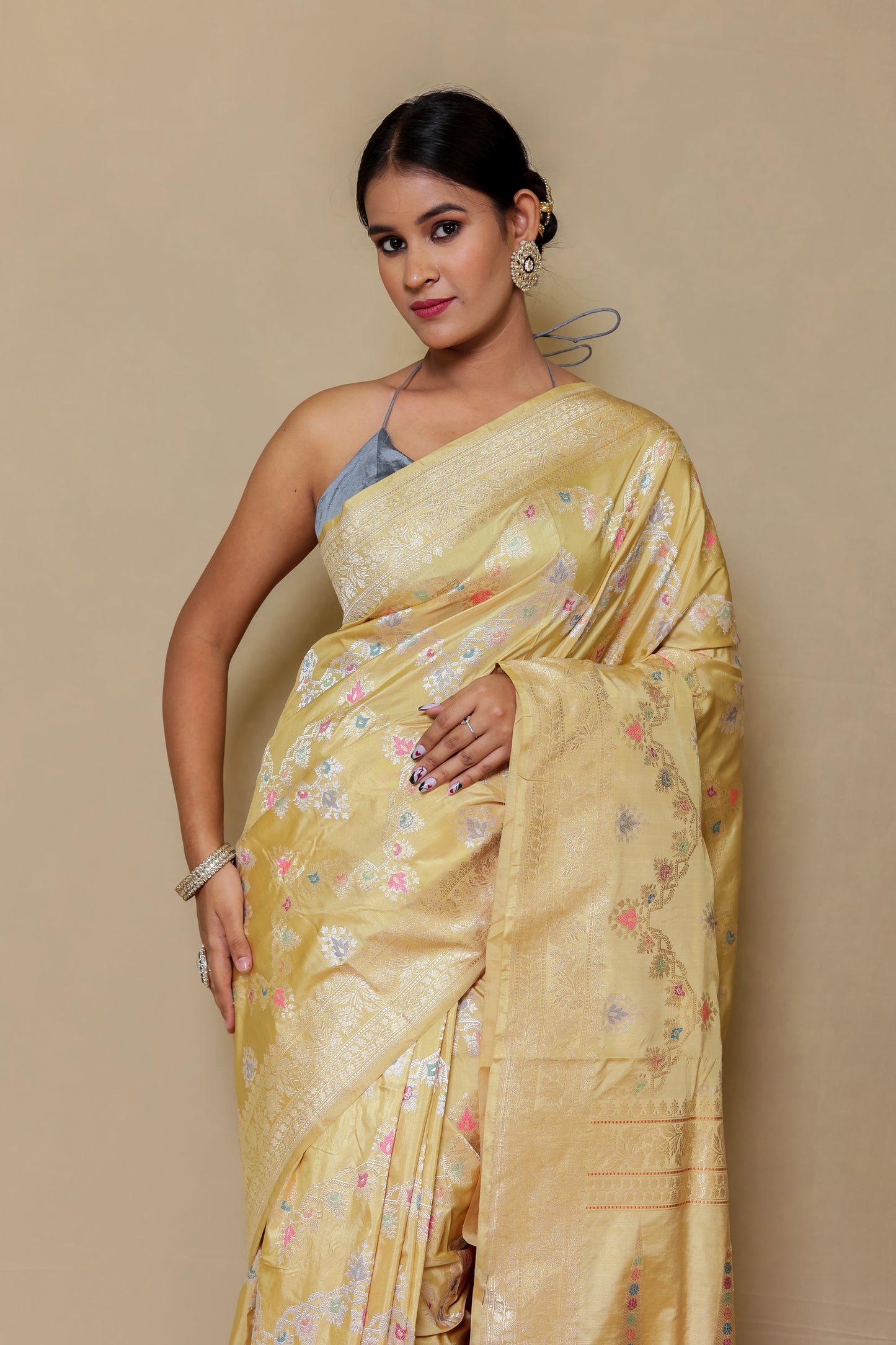 Banarasi Meenakari Jali Design - Cream Golden Mina Flower Saree