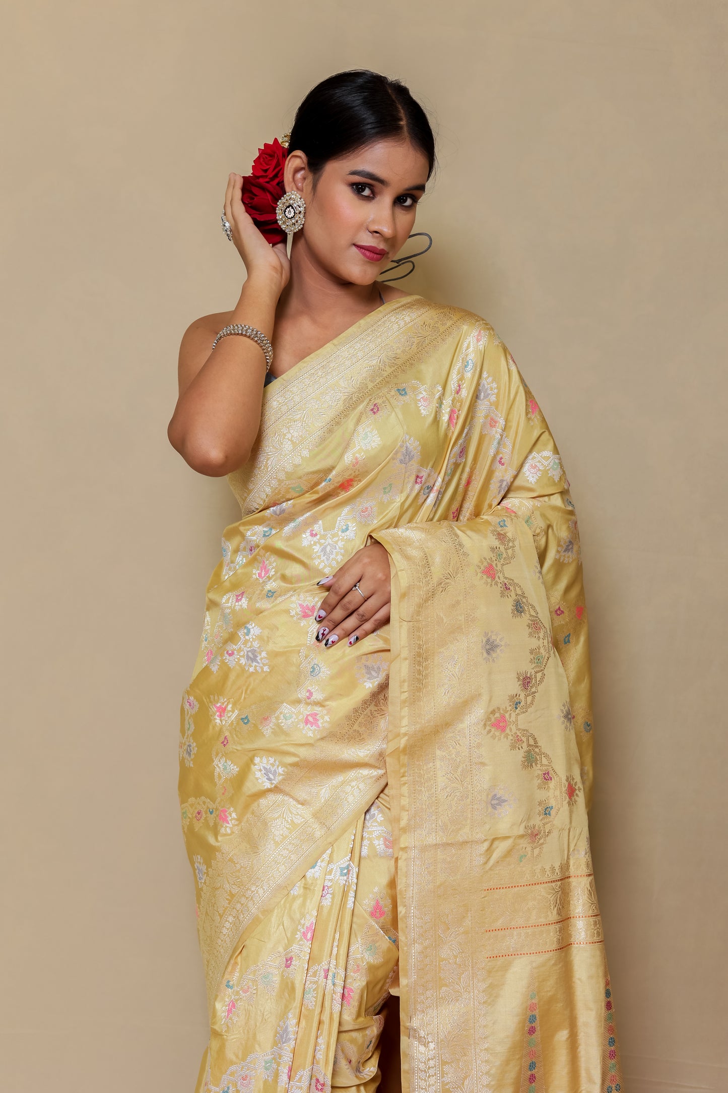 Banarasi Meenakari Jali Design - Cream Golden Mina Flower Saree