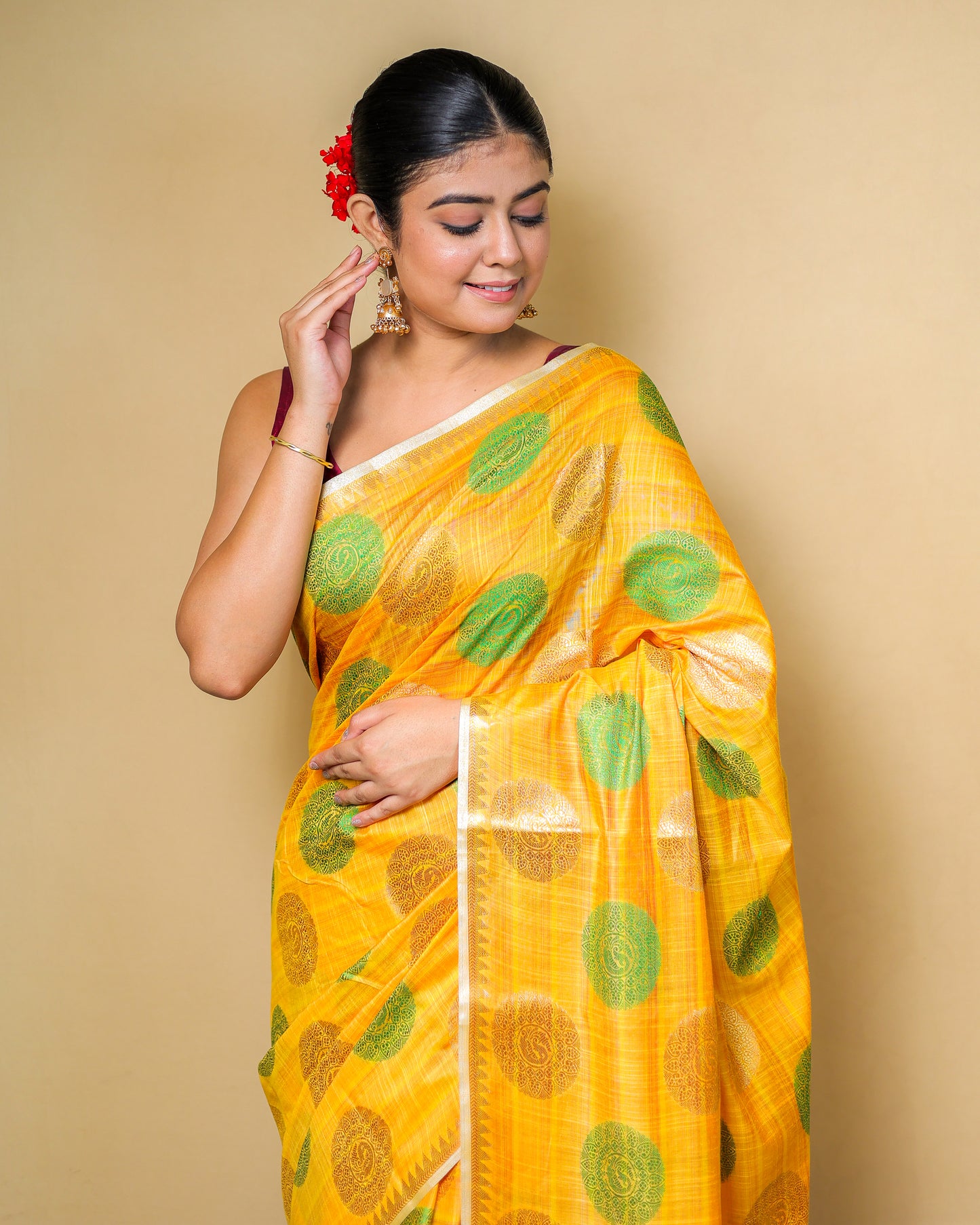Yellow Banarasi Silk Saree with Green Zari Motifs