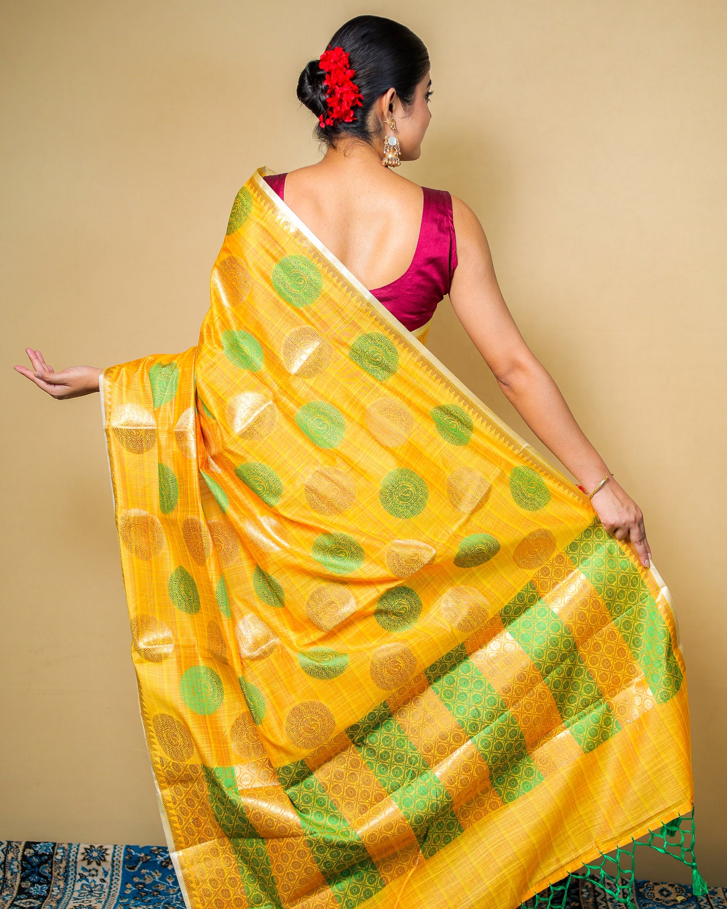 Yellow Banarasi Silk Saree with Green Zari Motifs