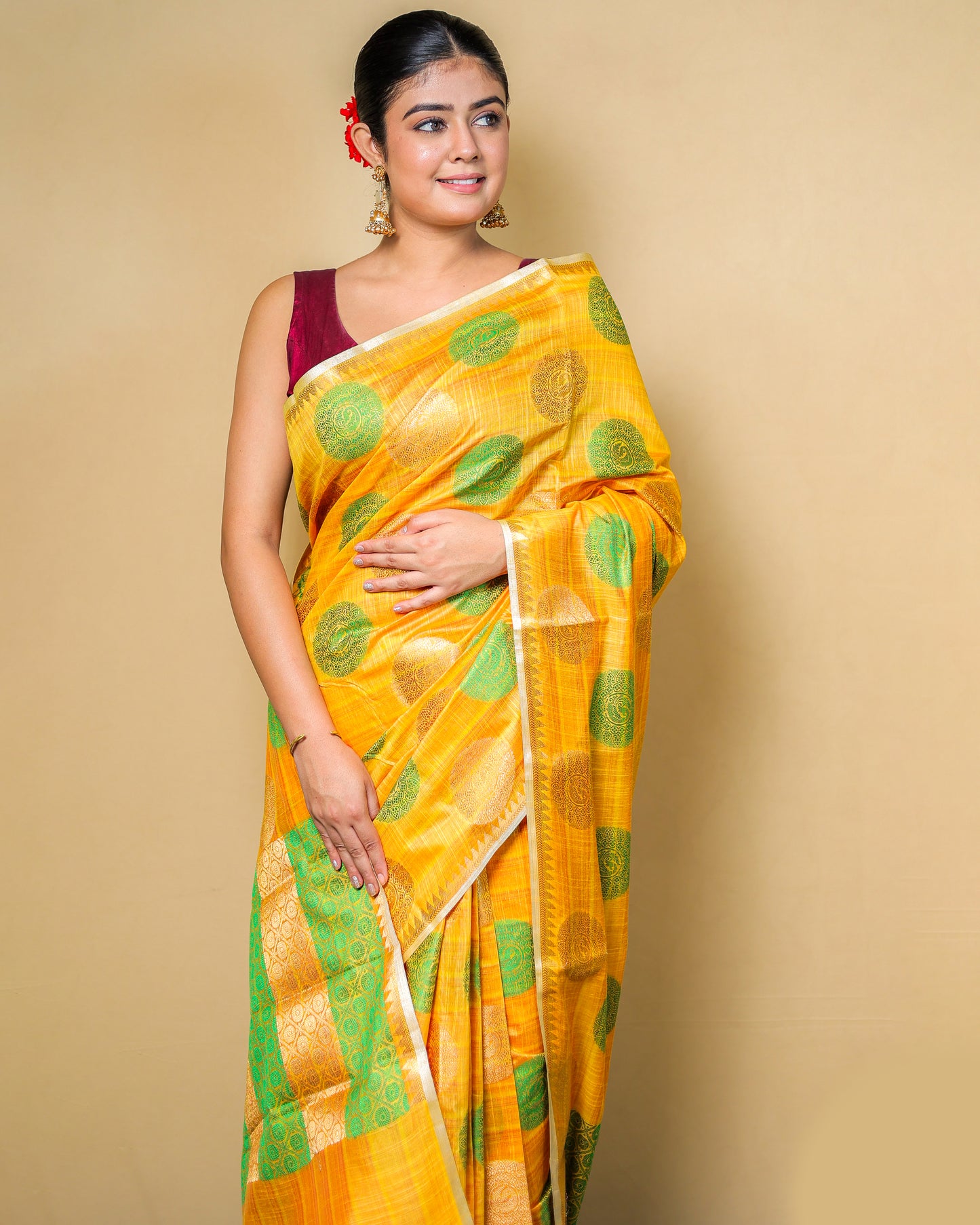 Yellow Banarasi Silk Saree with Green Zari Motifs
