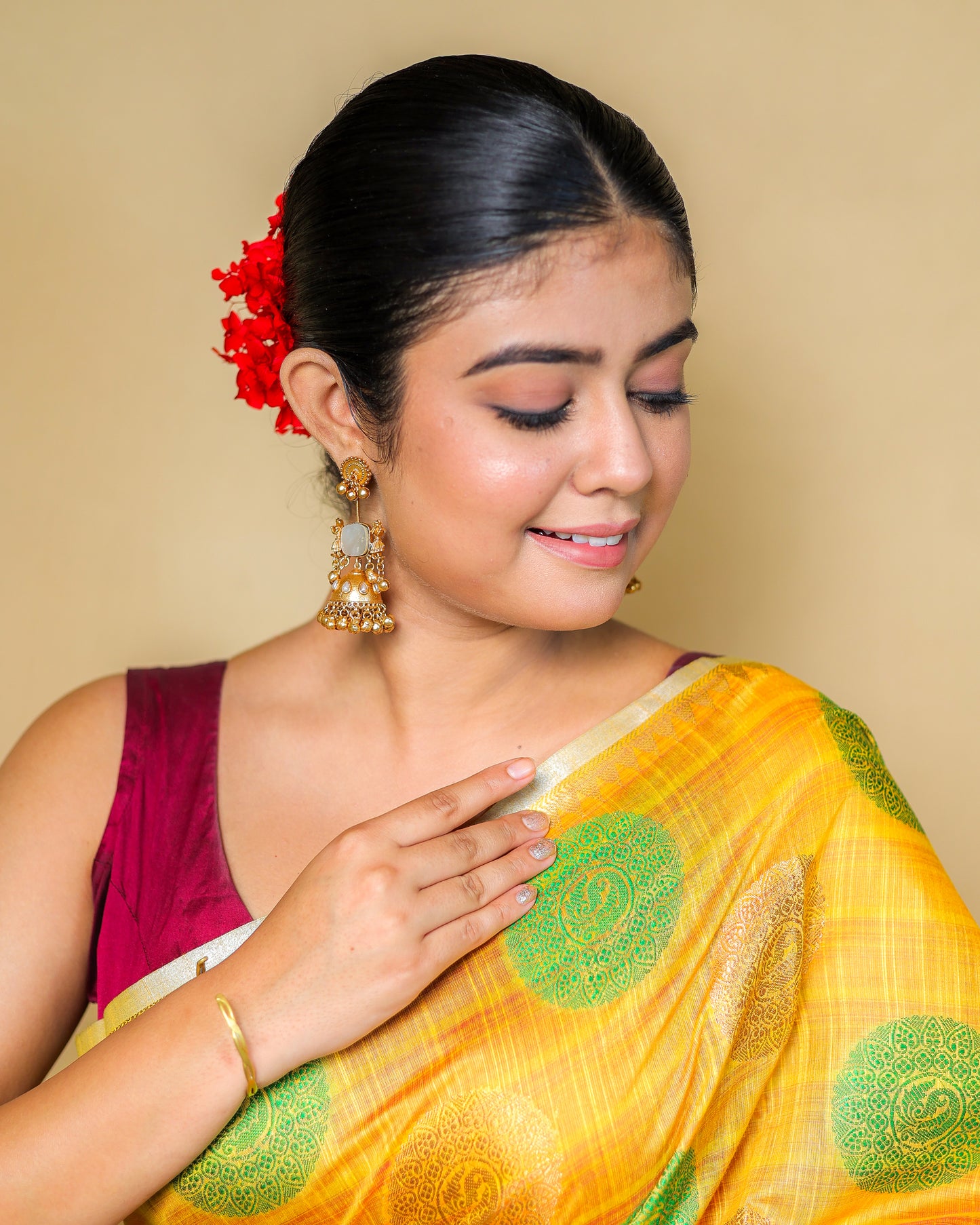 Yellow Banarasi Silk Saree with Green Zari Motifs