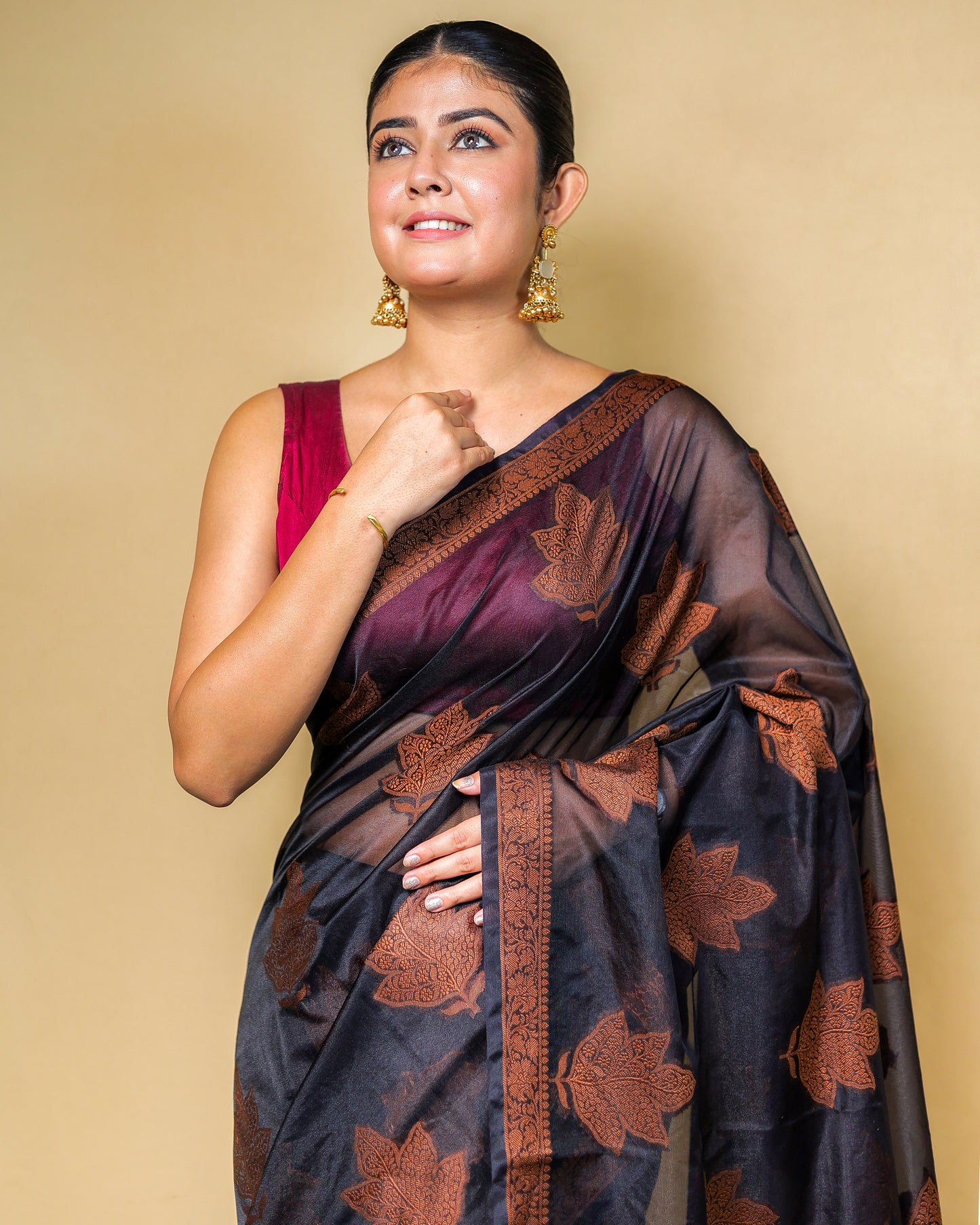 Black Banarasi Silk Saree with Copper Zari Weaving & Blouse Piece