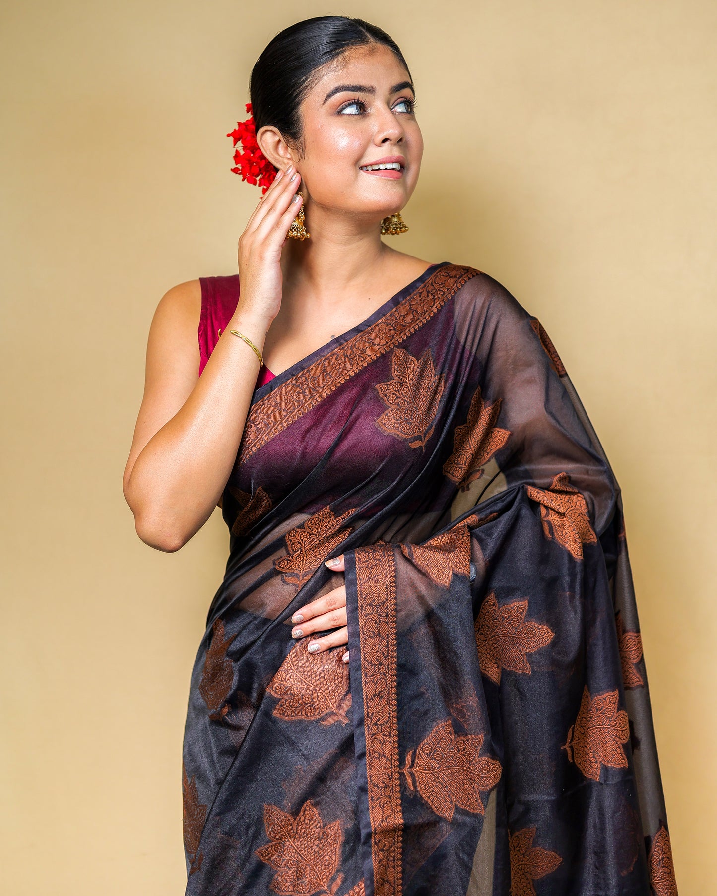 Black Banarasi Silk Saree with Copper Zari Weaving & Blouse Piece