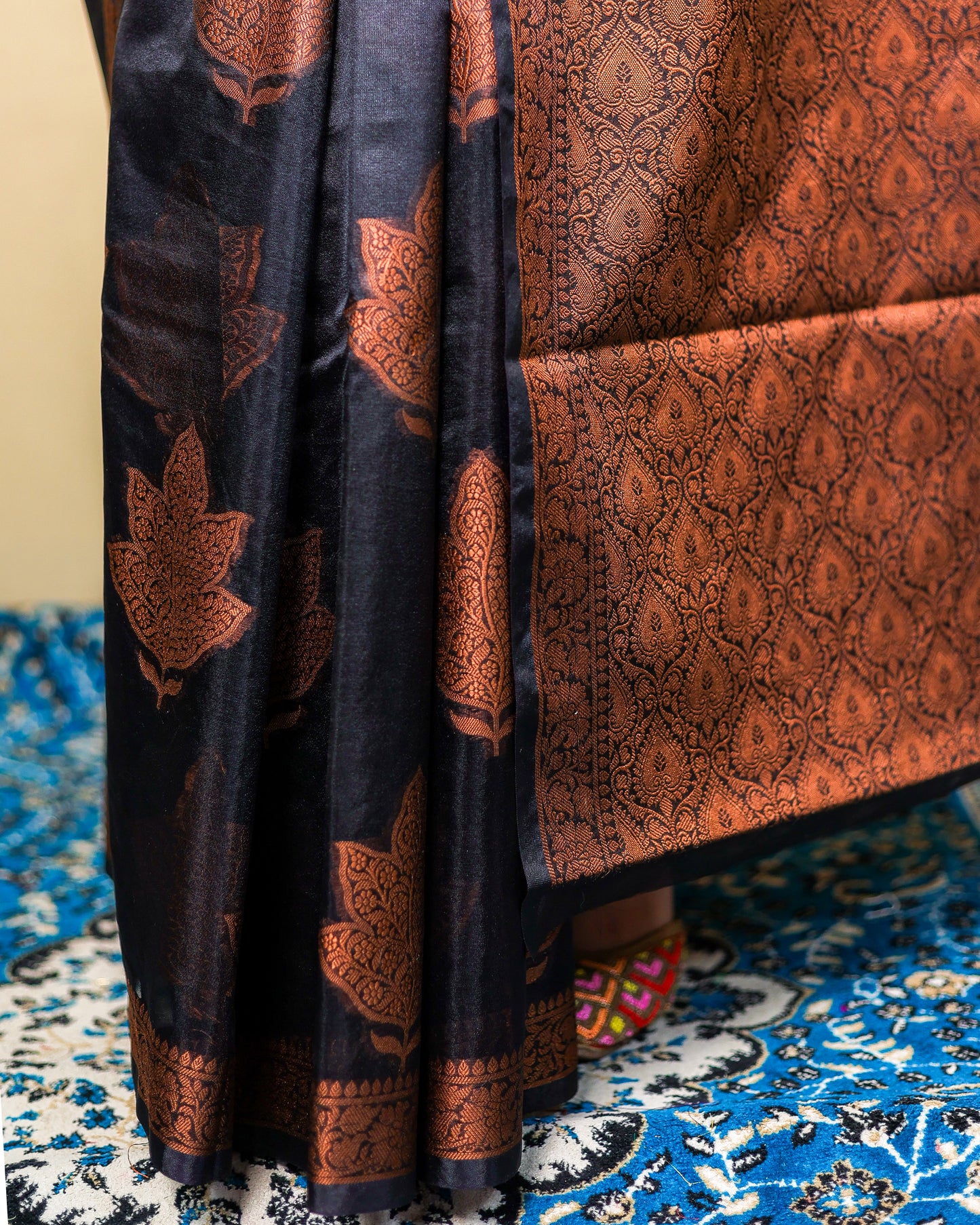 Black Banarasi Silk Saree with Copper Zari Weaving & Blouse Piece