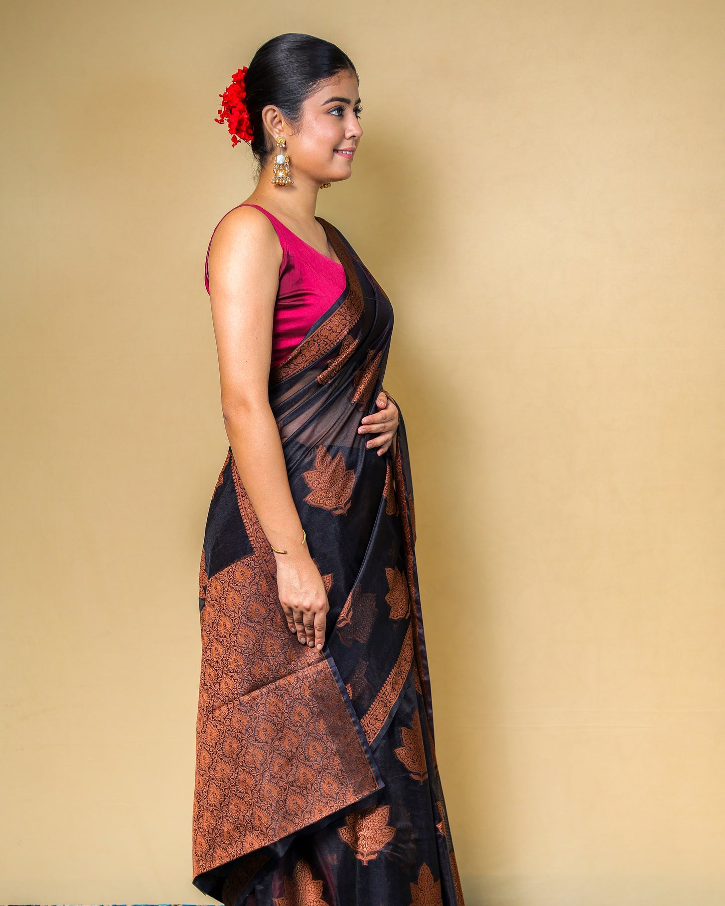 Black Banarasi Silk Saree with Copper Zari Weaving & Blouse Piece