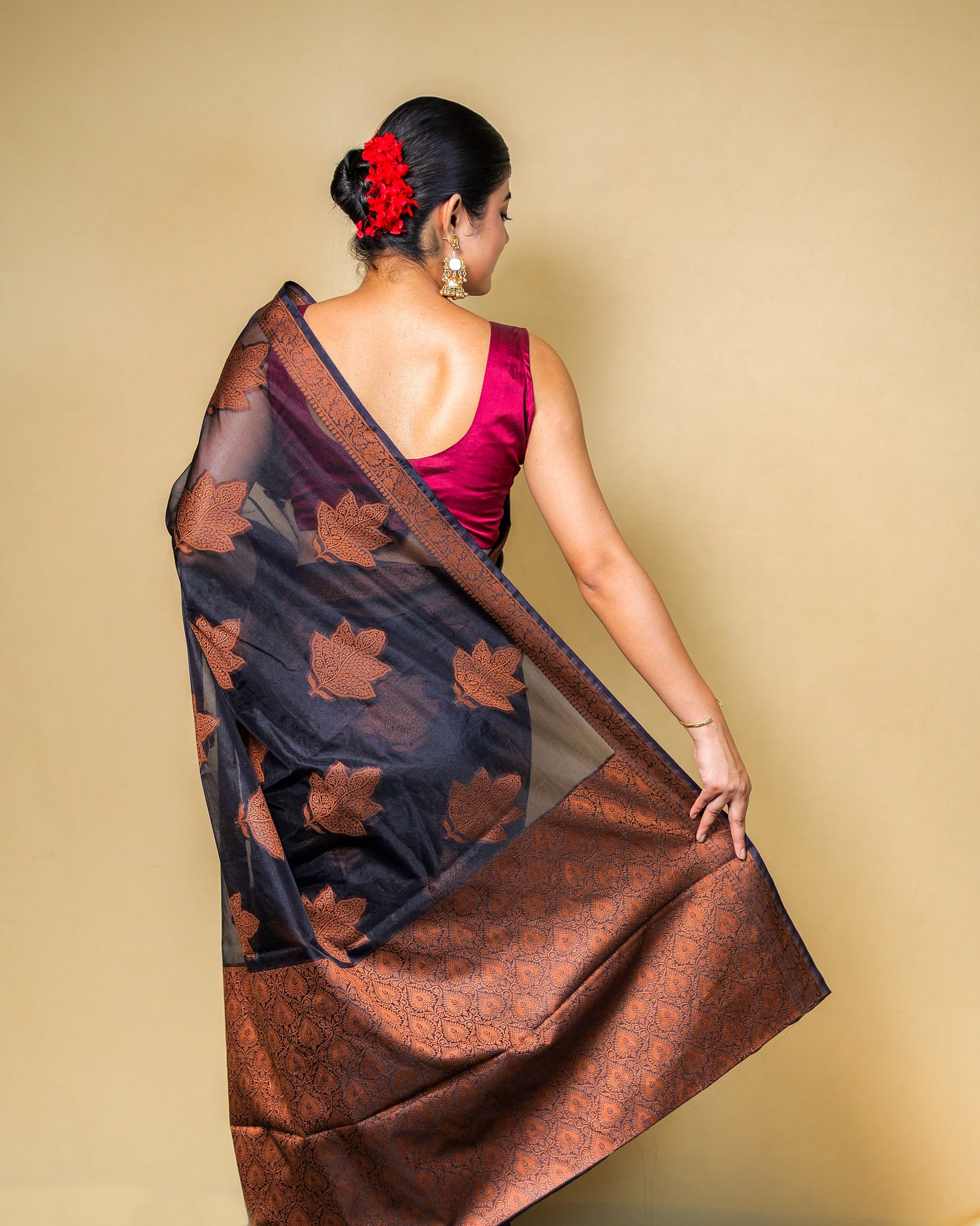 Black Banarasi Silk Saree with Copper Zari Weaving & Blouse Piece
