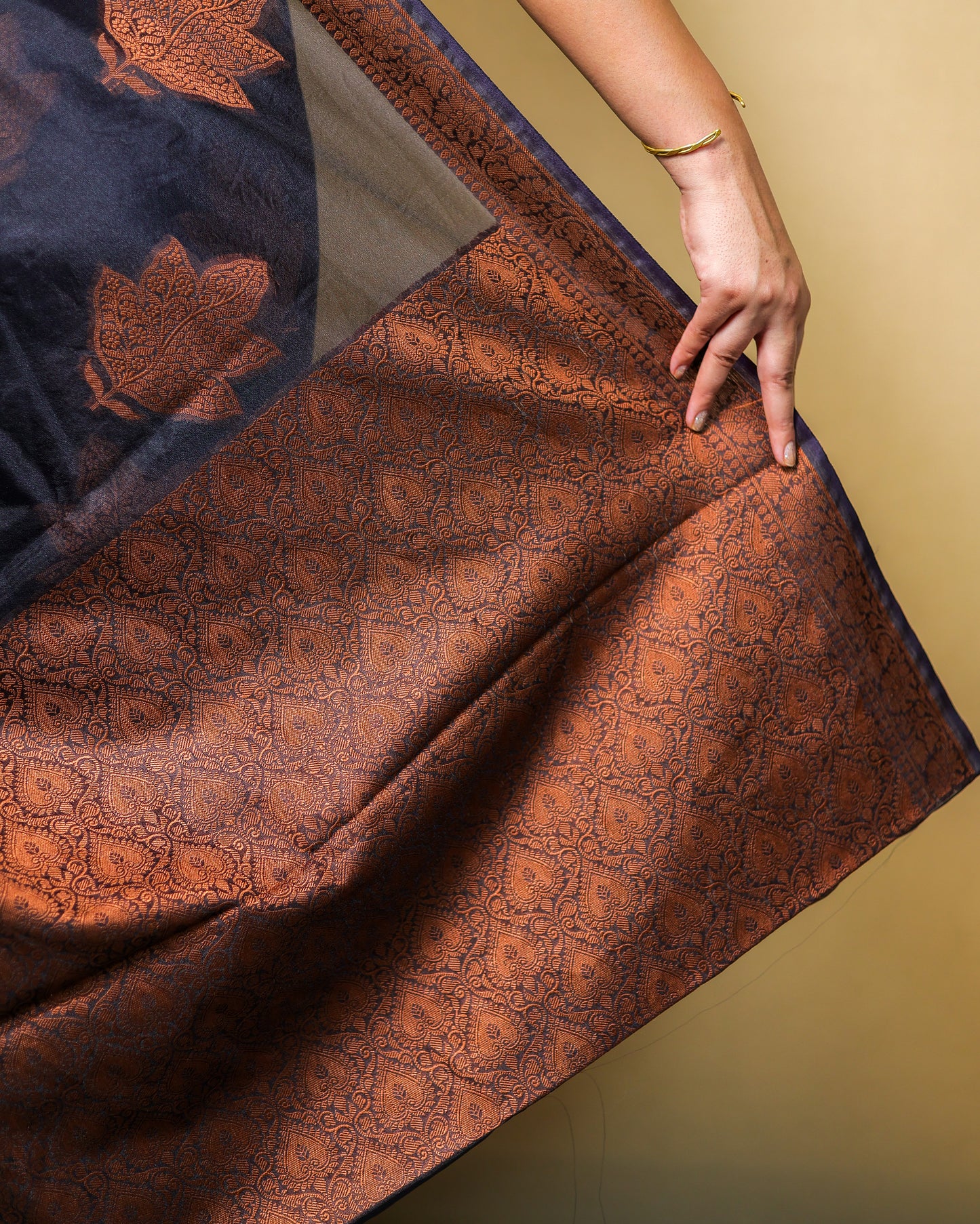 Black Banarasi Silk Saree with Copper Zari Weaving & Blouse Piece