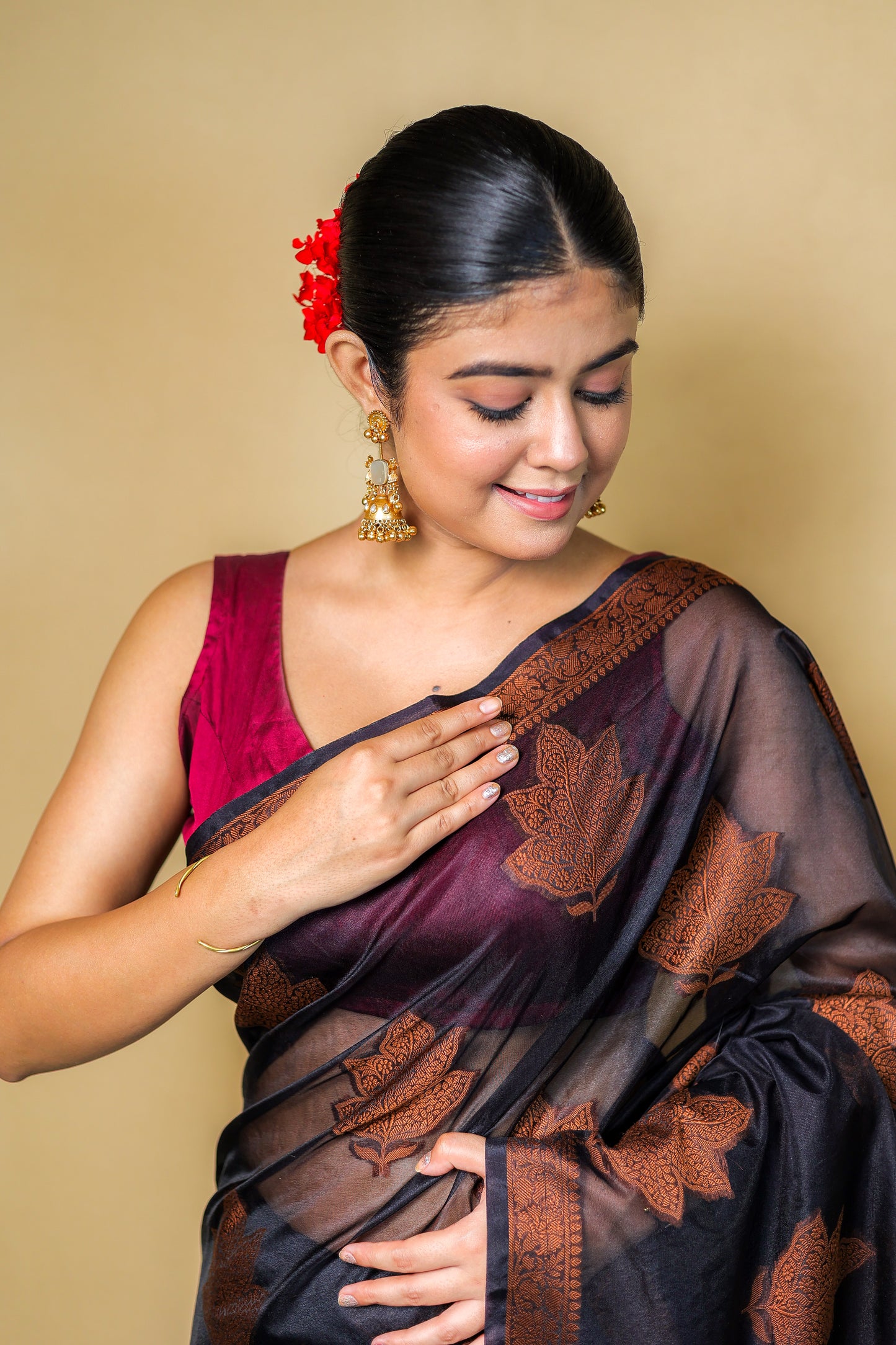 Black Banarasi Silk Saree with Copper Zari Weaving & Blouse Piece