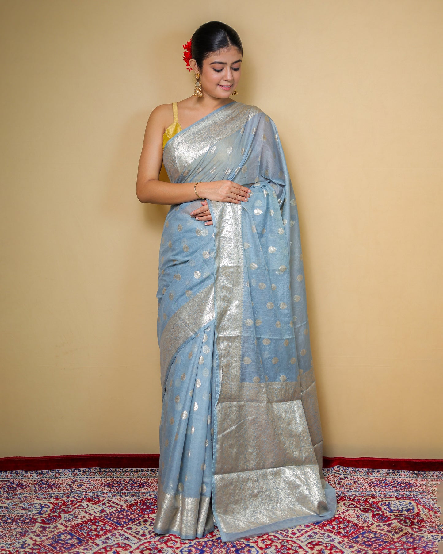 Light Blue Banarasi Saree With Silver Zari Work – Washable