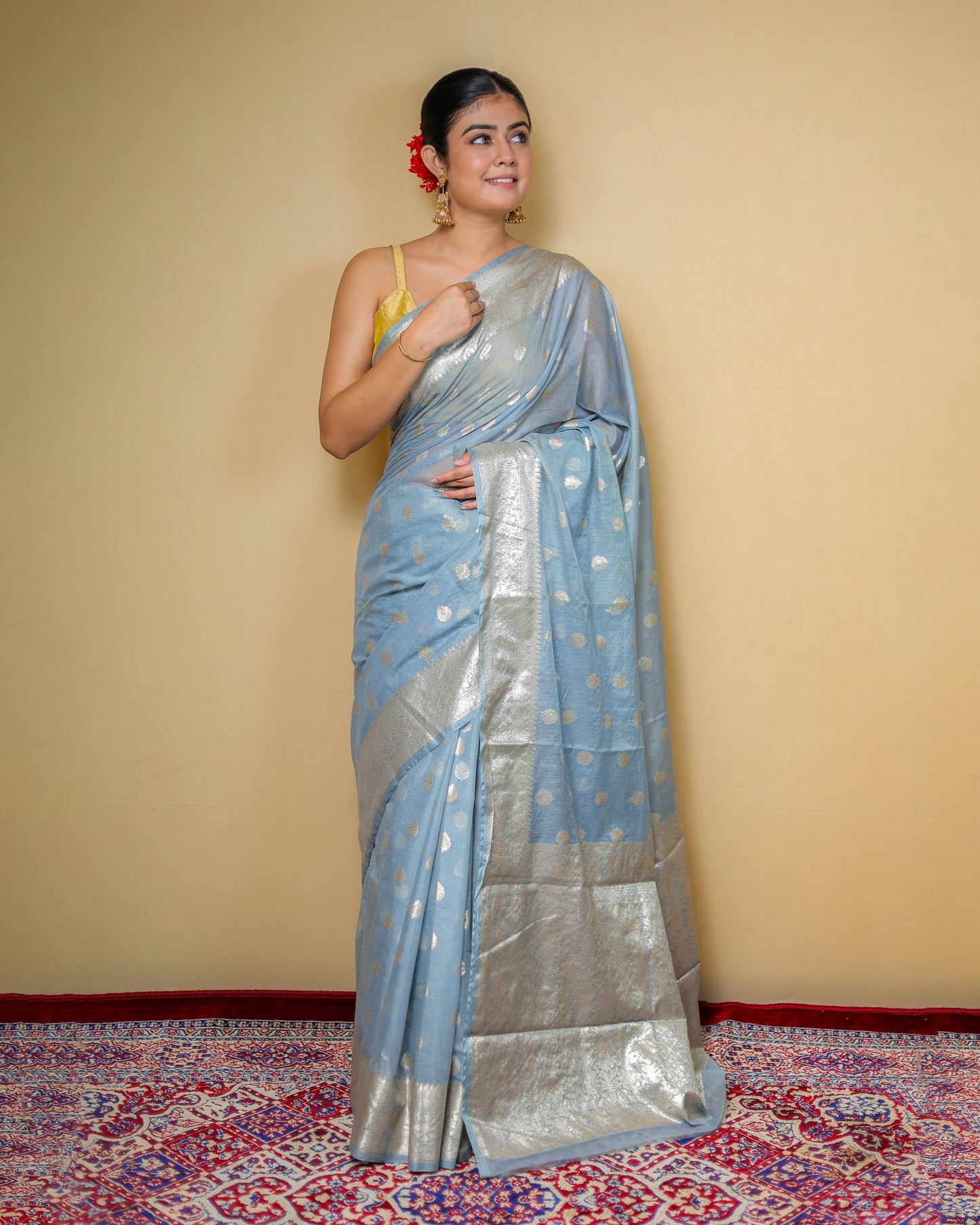 Light Blue Banarasi Saree With Silver Zari Work – Washable