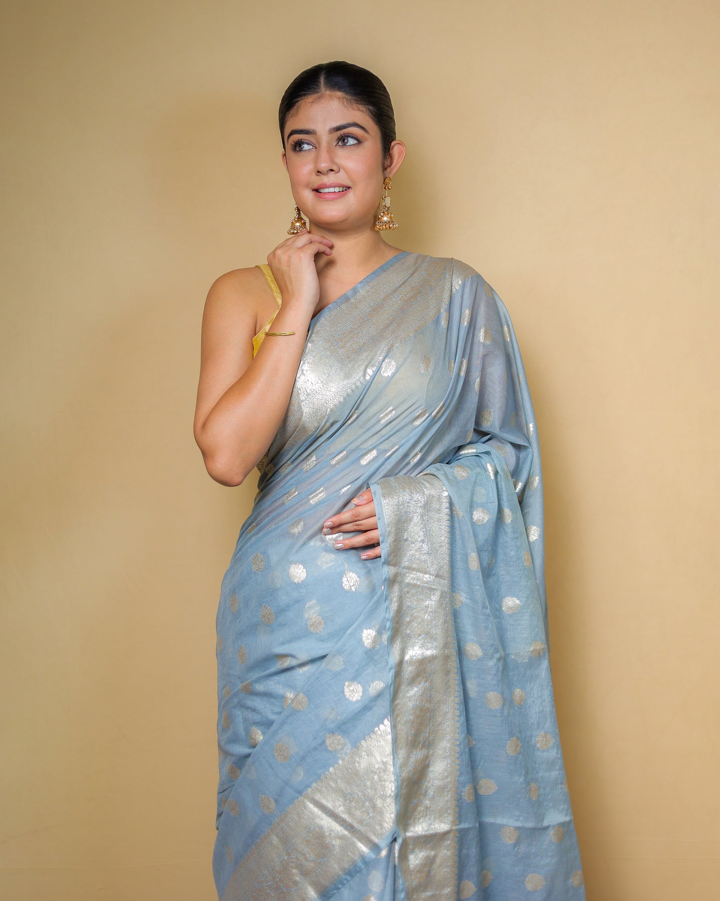 Light Blue Banarasi Saree With Silver Zari Work – Washable