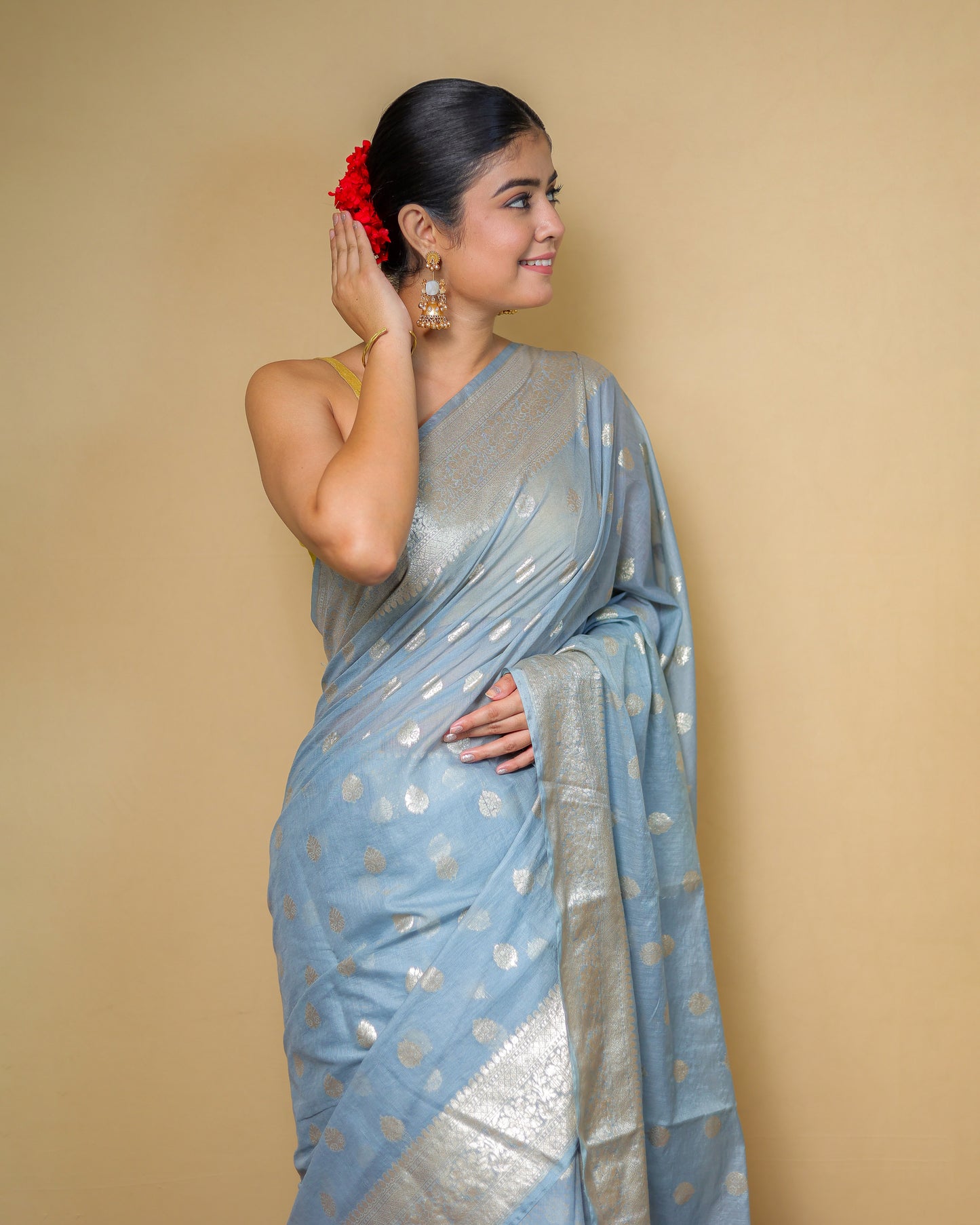 Light Blue Banarasi Saree With Silver Zari Work – Washable
