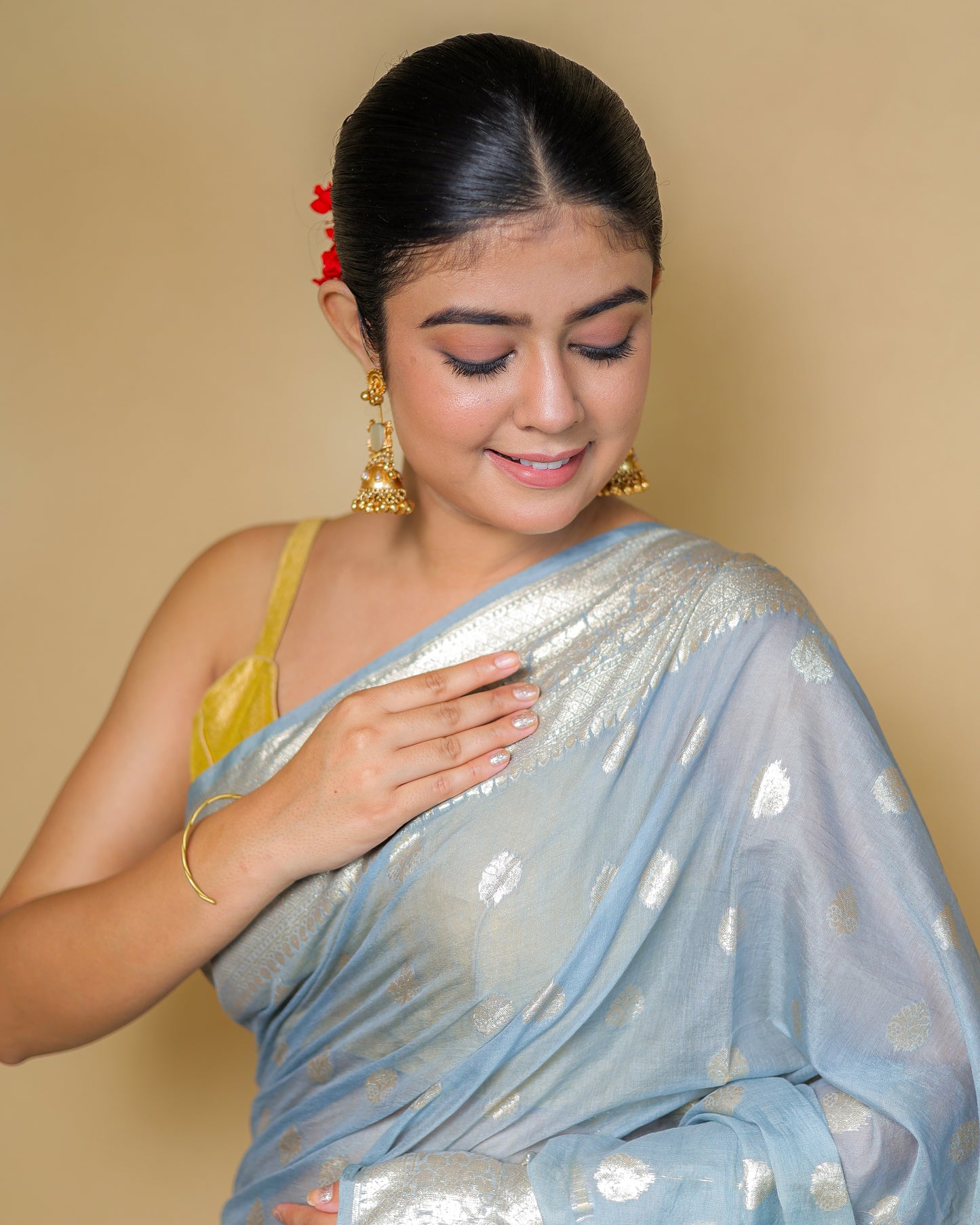 Light Blue Banarasi Saree With Silver Zari Work – Washable