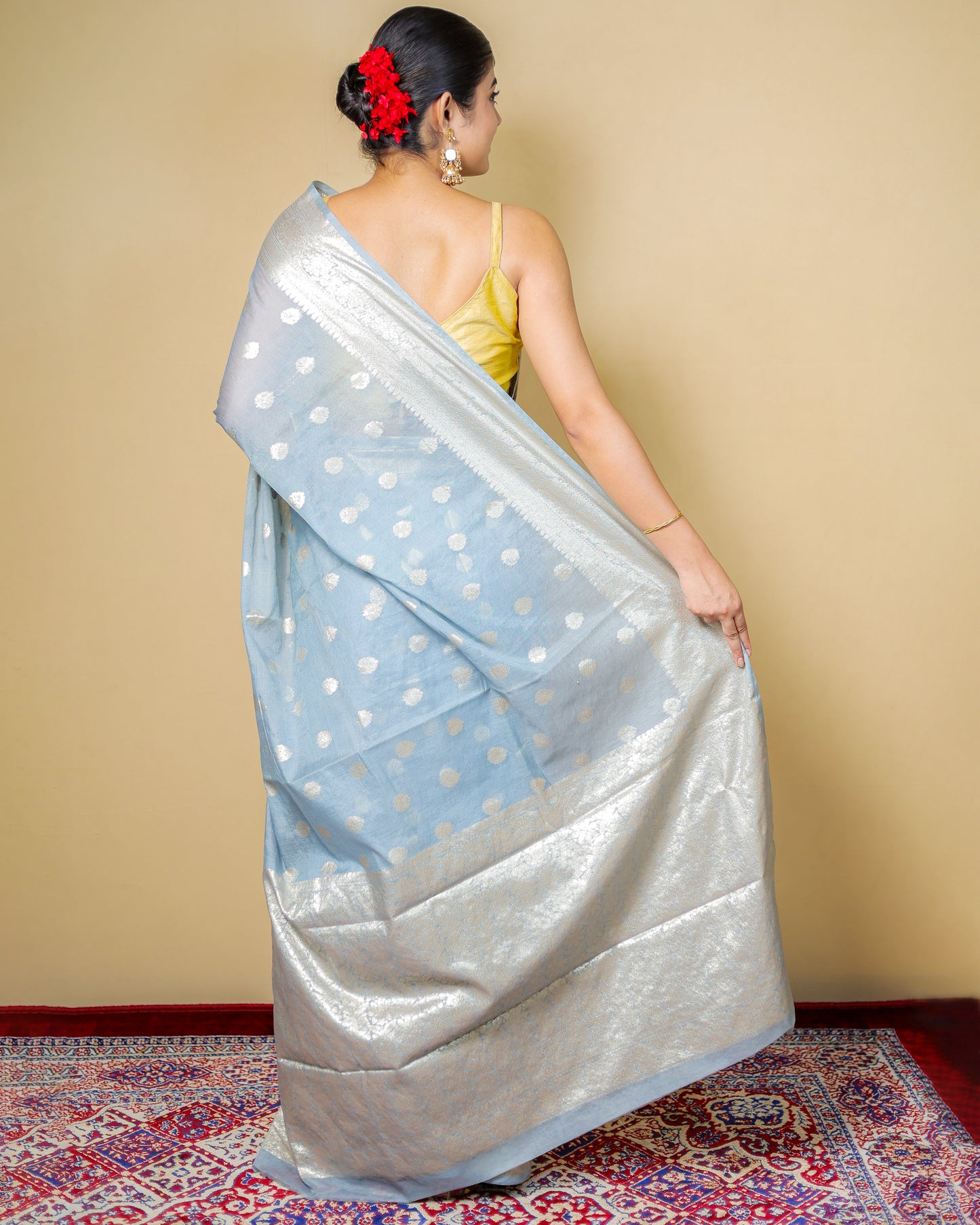 Light Blue Banarasi Saree With Silver Zari Work – Washable