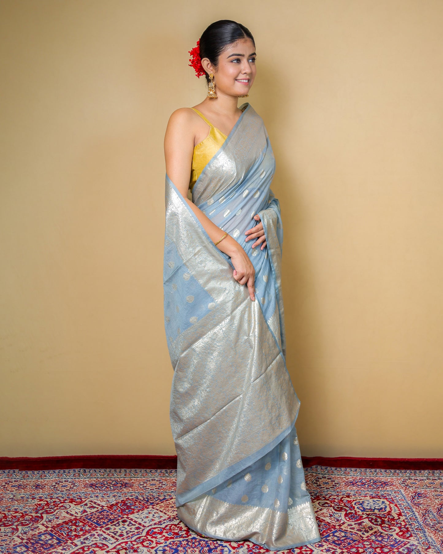 Light Blue Banarasi Saree With Silver Zari Work – Washable