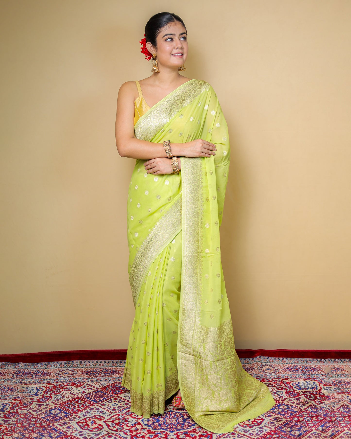 Pure Georgette Banarasi Saree – Lime Green with Silver Zari Work