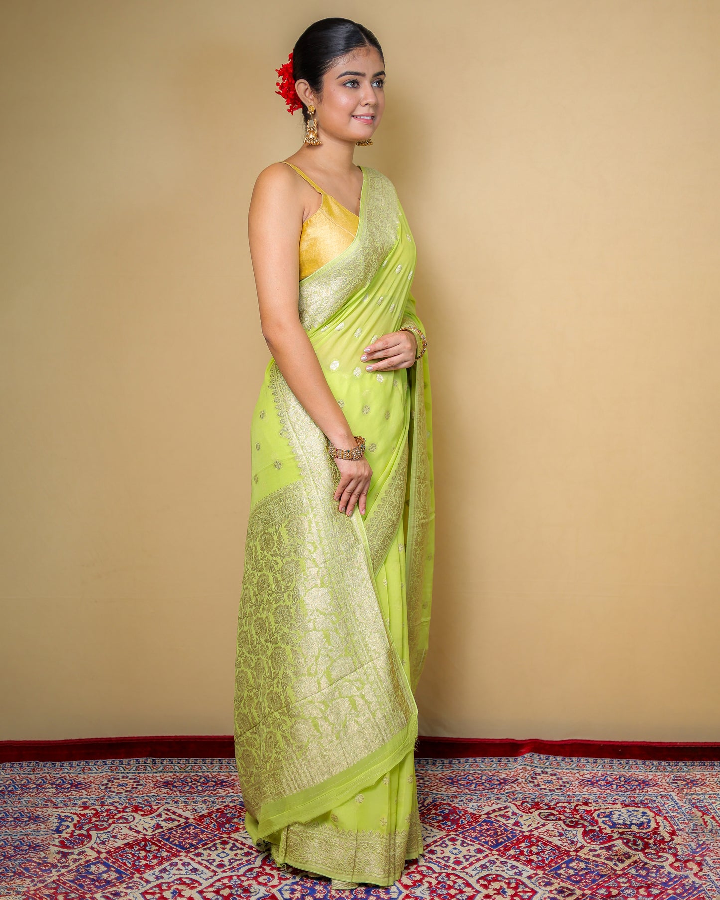 Pure Georgette Banarasi Saree – Lime Green with Silver Zari Work