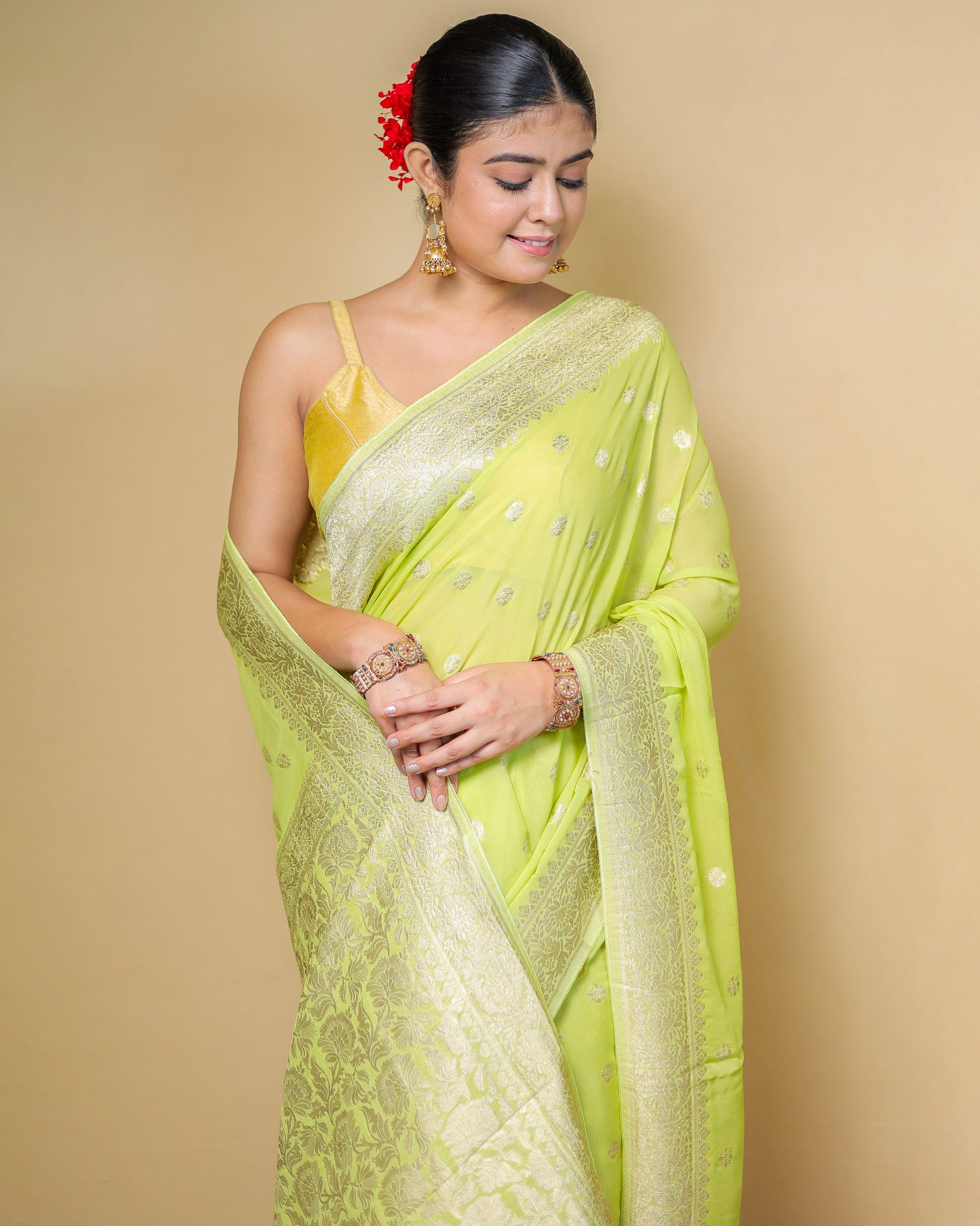 Pure Georgette Banarasi Saree – Lime Green with Silver Zari Work