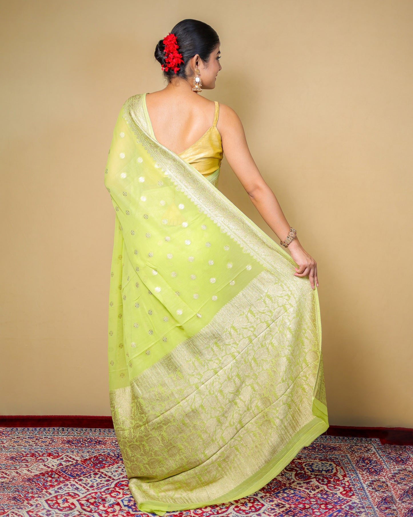 Pure Georgette Banarasi Saree – Lime Green with Silver Zari Work