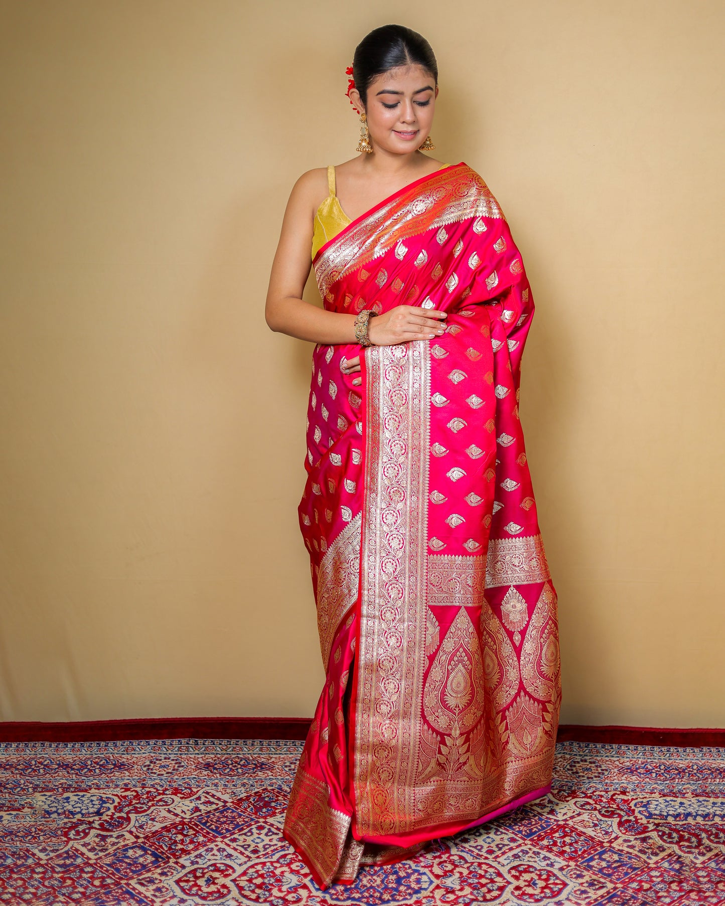 Pure Katan Silk Banarasi Saree – Rani Pink with Golden Zari Weaving