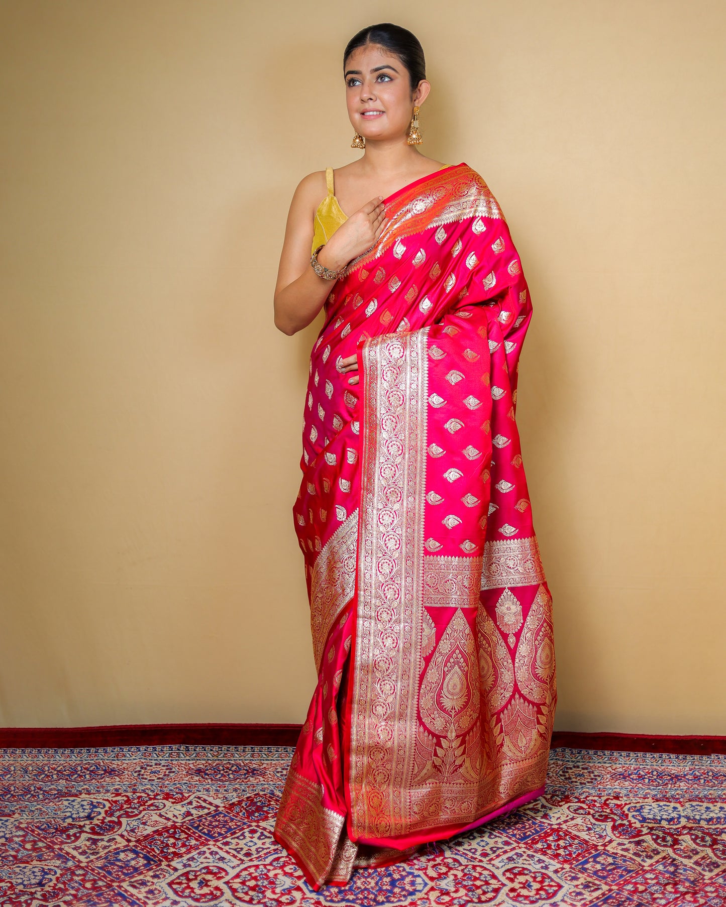 Pure Katan Silk Banarasi Saree – Rani Pink with Golden Zari Weaving
