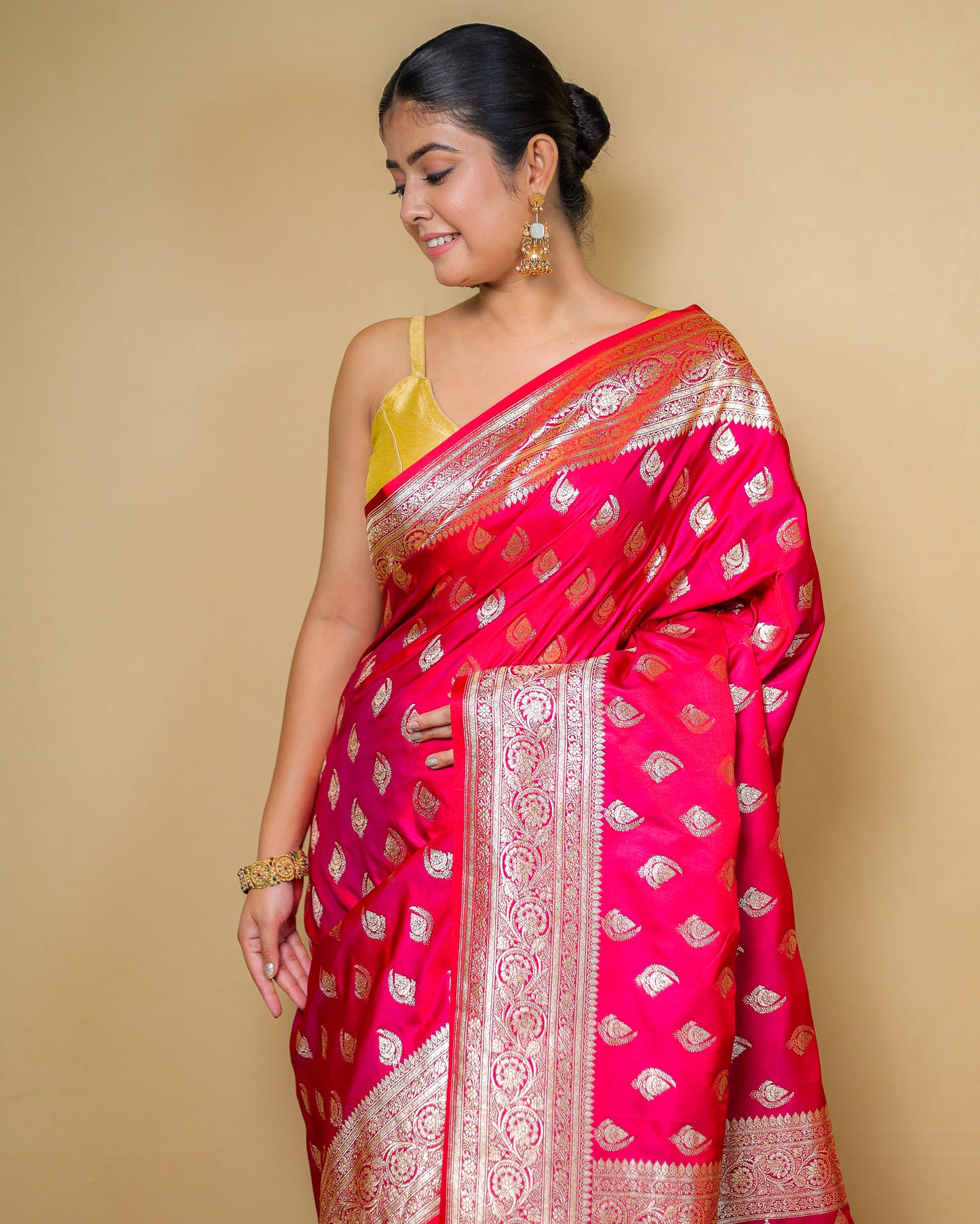 Pure Katan Silk Banarasi Saree – Rani Pink with Golden Zari Weaving