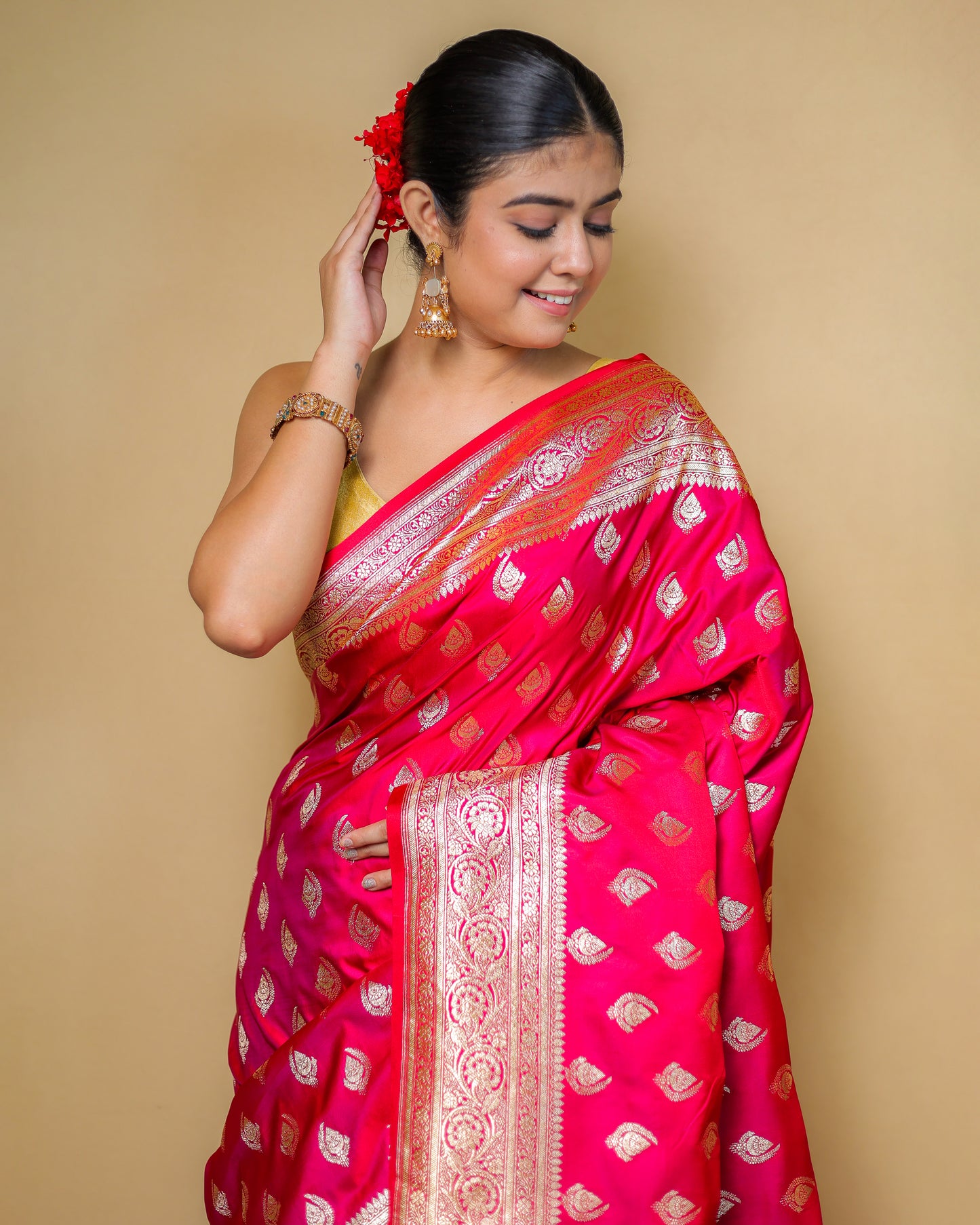 Pure Katan Silk Banarasi Saree – Rani Pink with Golden Zari Weaving