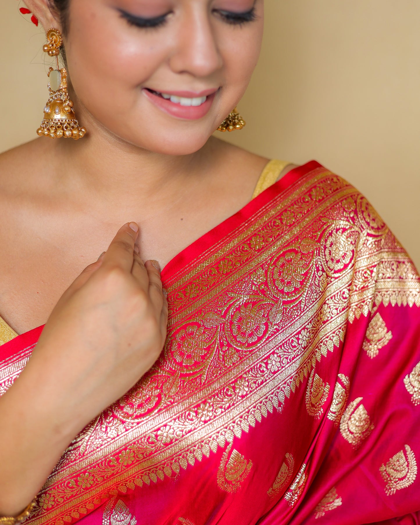 Pure Katan Silk Banarasi Saree – Rani Pink with Golden Zari Weaving