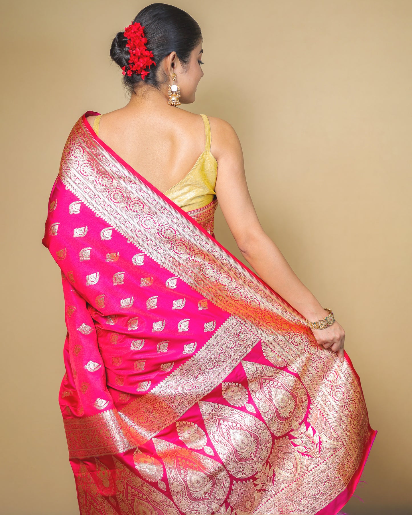 Pure Katan Silk Banarasi Saree – Rani Pink with Golden Zari Weaving
