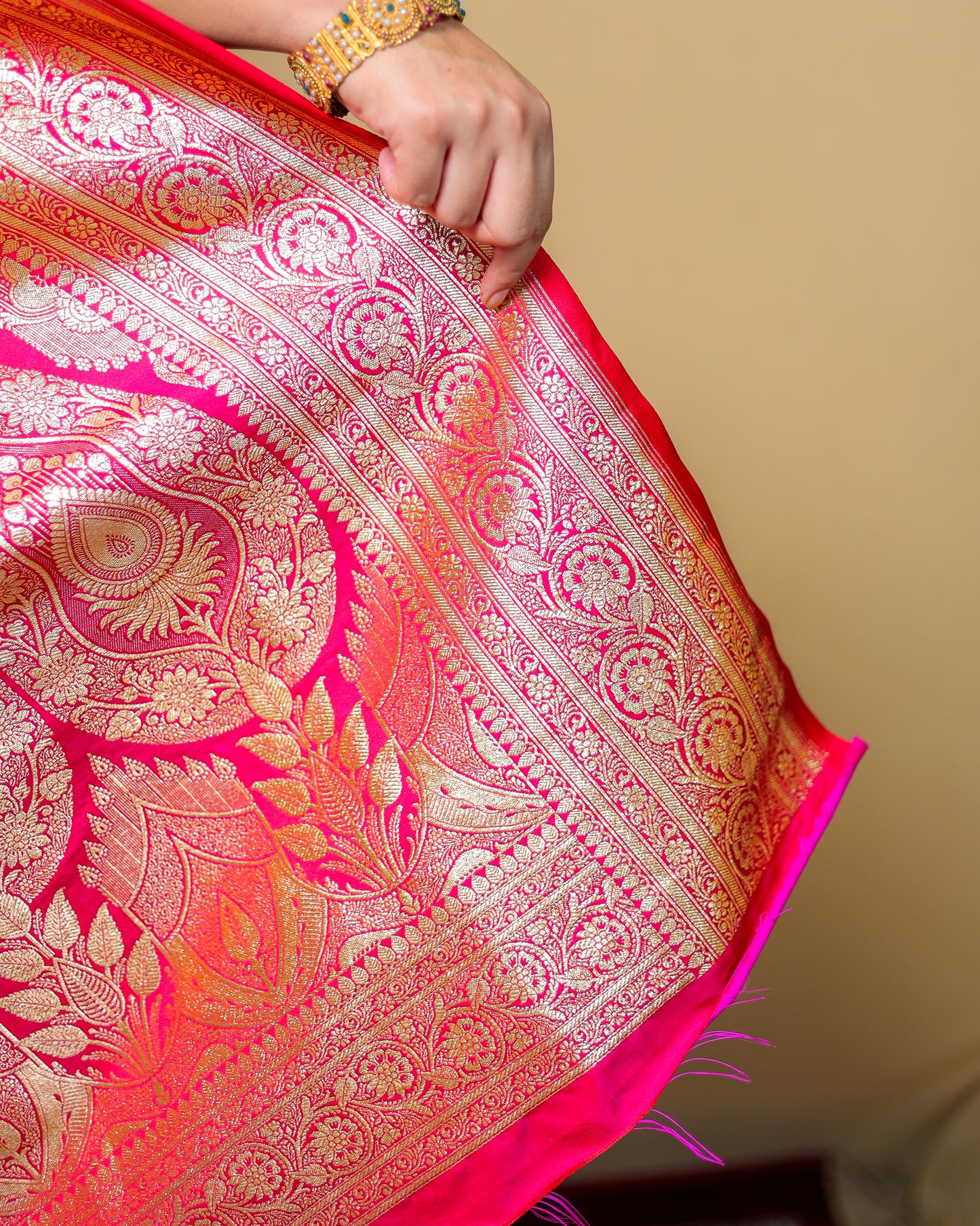 Pure Katan Silk Banarasi Saree – Rani Pink with Golden Zari Weaving