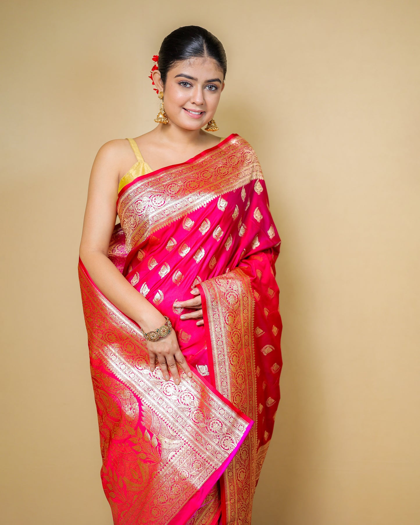 Pure Katan Silk Banarasi Saree – Rani Pink with Golden Zari Weaving