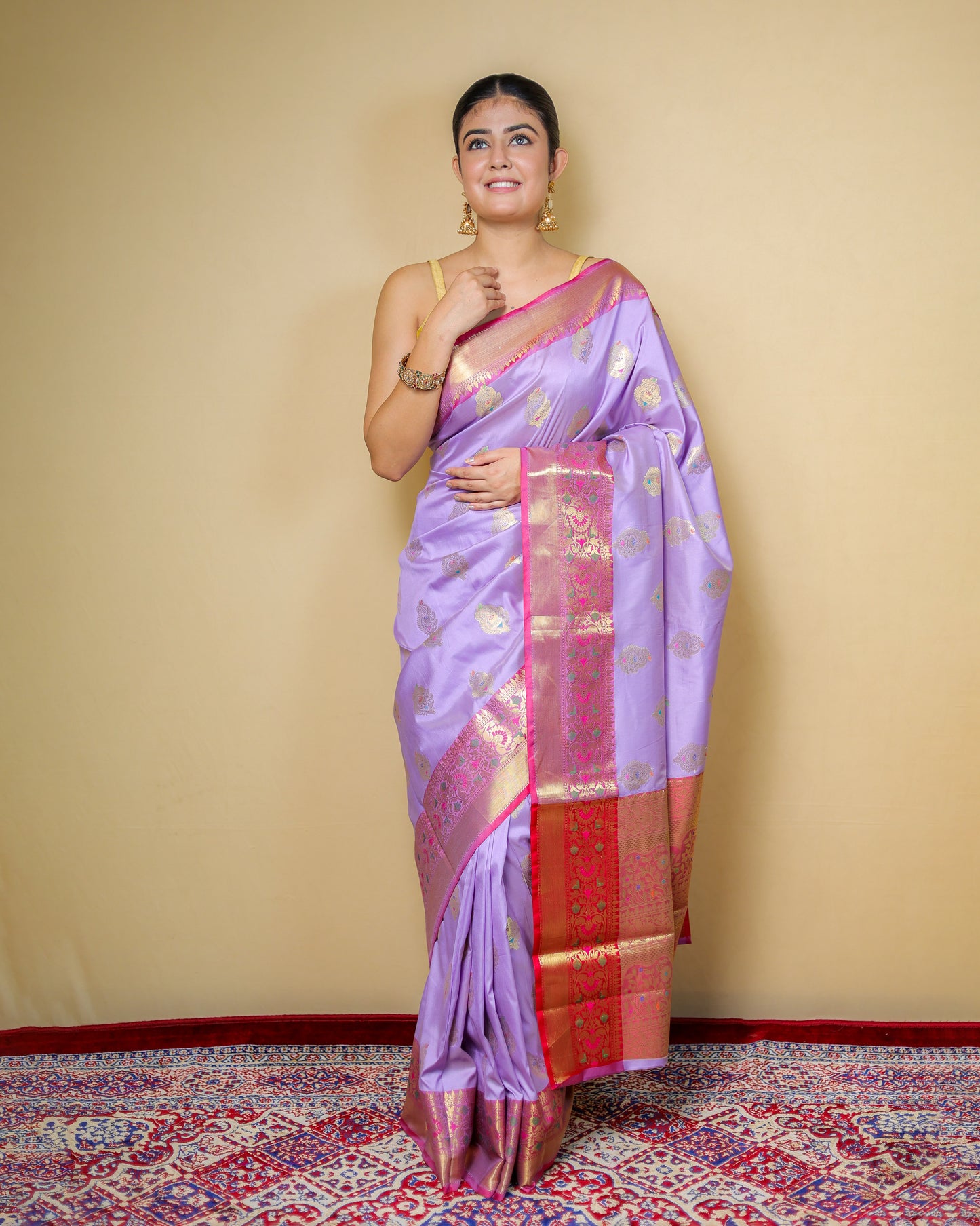 Pure Katan Silk Banarasi Saree – Lavender with Contrast Red Border & Golden Zari