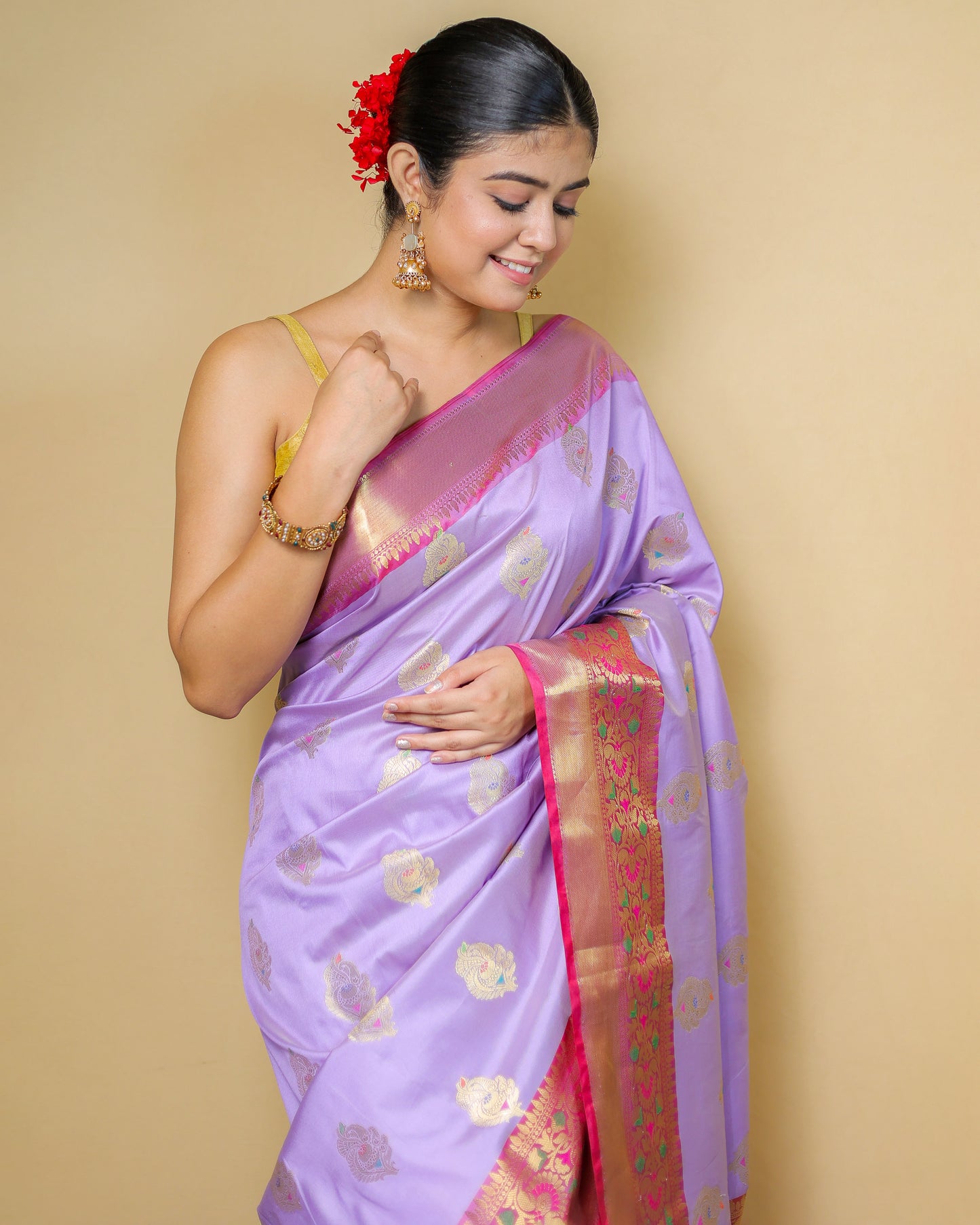 Pure Katan Silk Banarasi Saree – Lavender with Contrast Red Border & Golden Zari