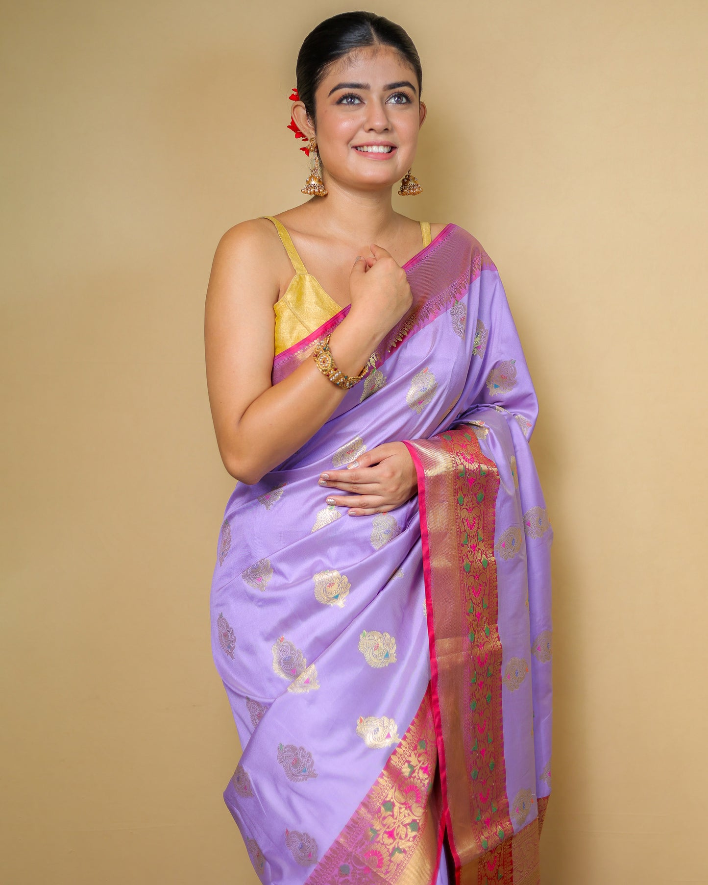 Pure Katan Silk Banarasi Saree – Lavender with Contrast Red Border & Golden Zari