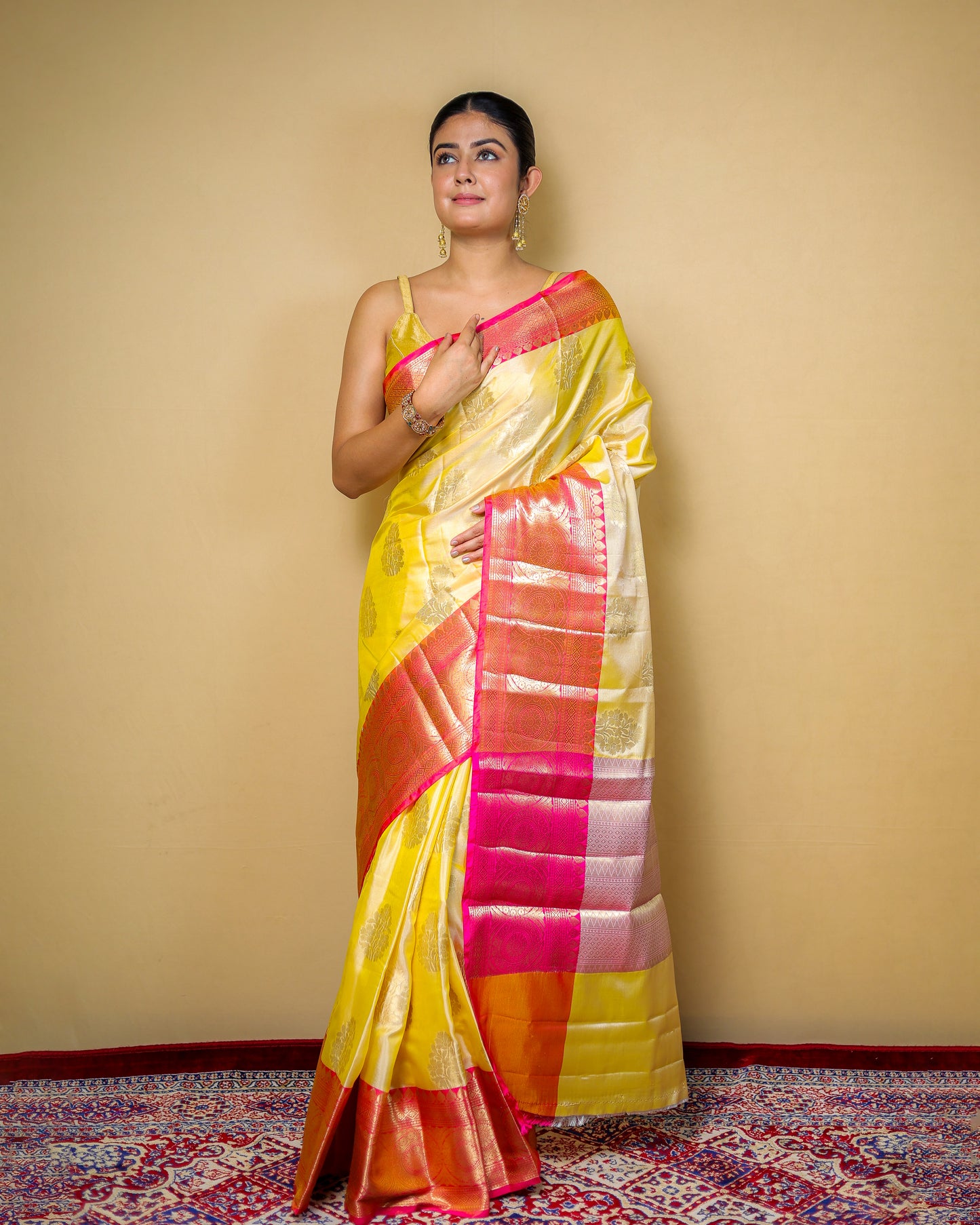 Yellow & Pink Silk Blend Saree with Contrast Zari Border – 6m Saree + 2m Blouse