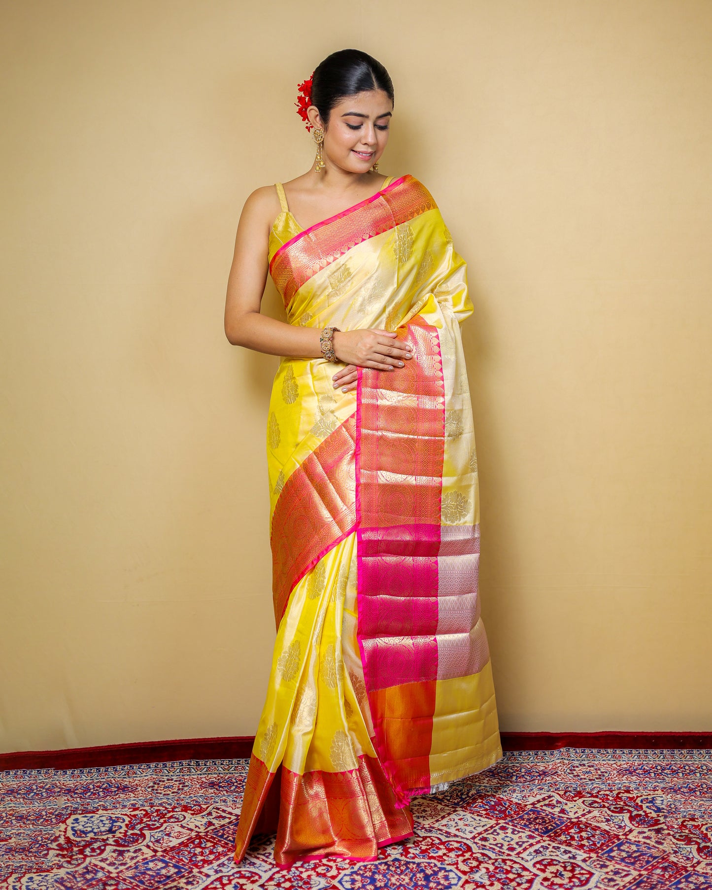 Yellow & Pink Silk Blend Saree with Contrast Zari Border – 6m Saree + 2m Blouse