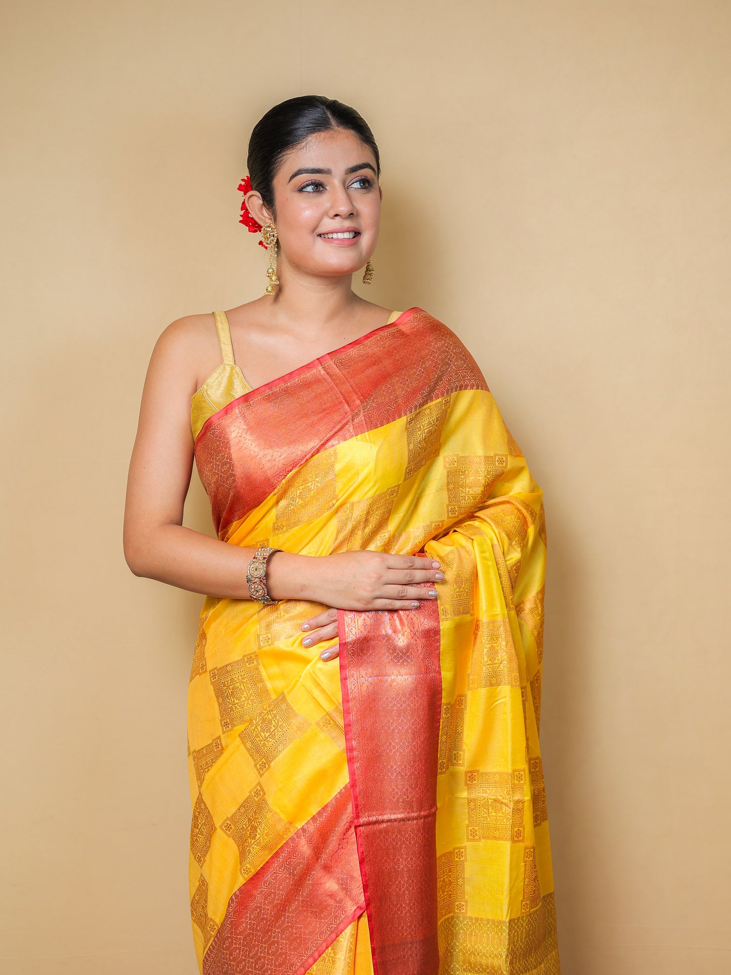 Yellow Banarasi Silk Saree with Green Zari Motifs