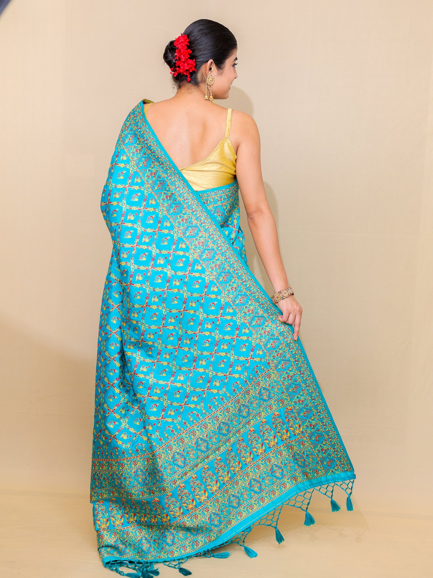 Turquoise Blue Meenakari Silk Saree with Blouse Piece – 6m Saree + 2m Blouse
