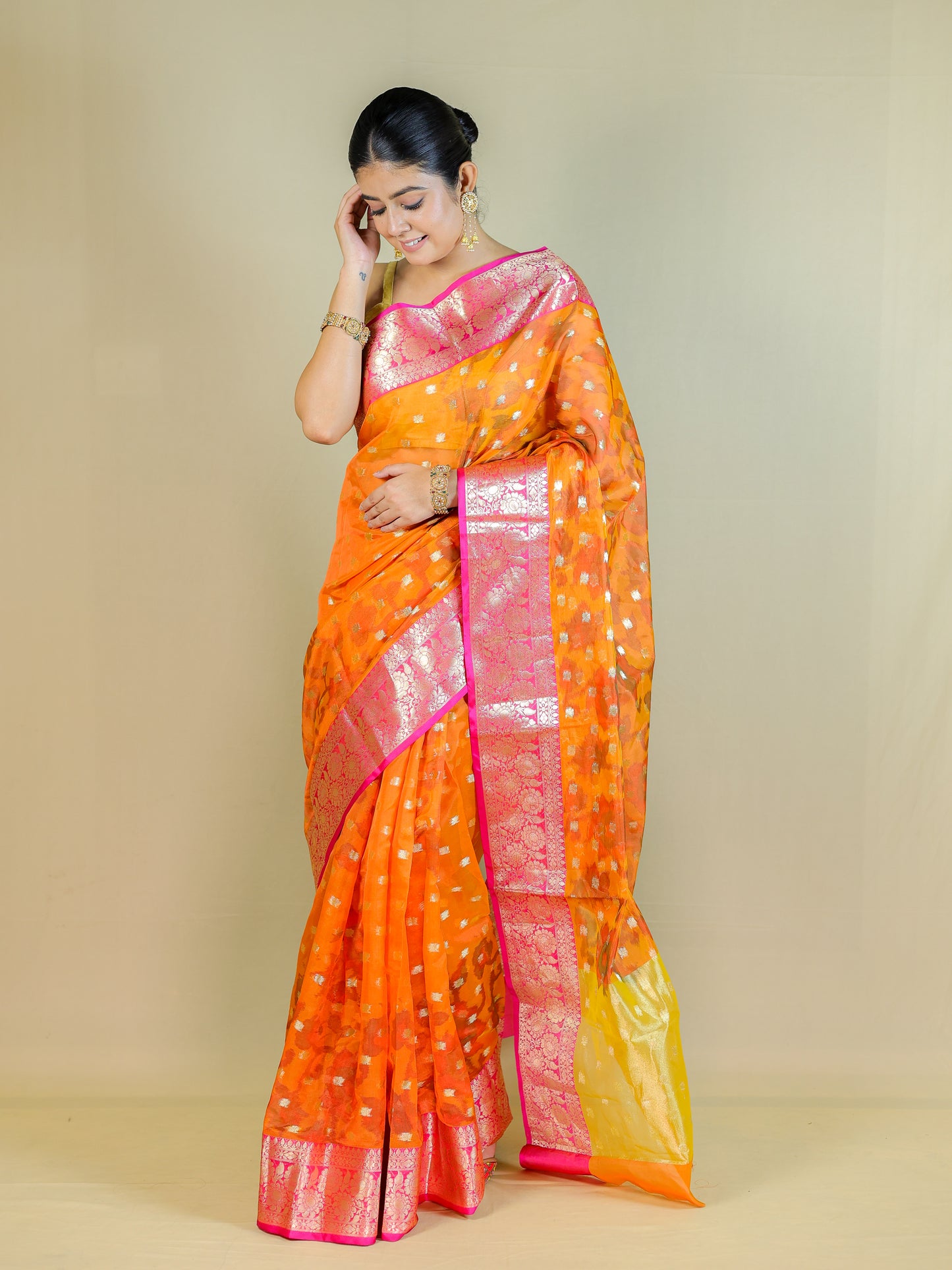 Orange Organza Saree with Pink Zari Border – Lightweight Party Wear Saree