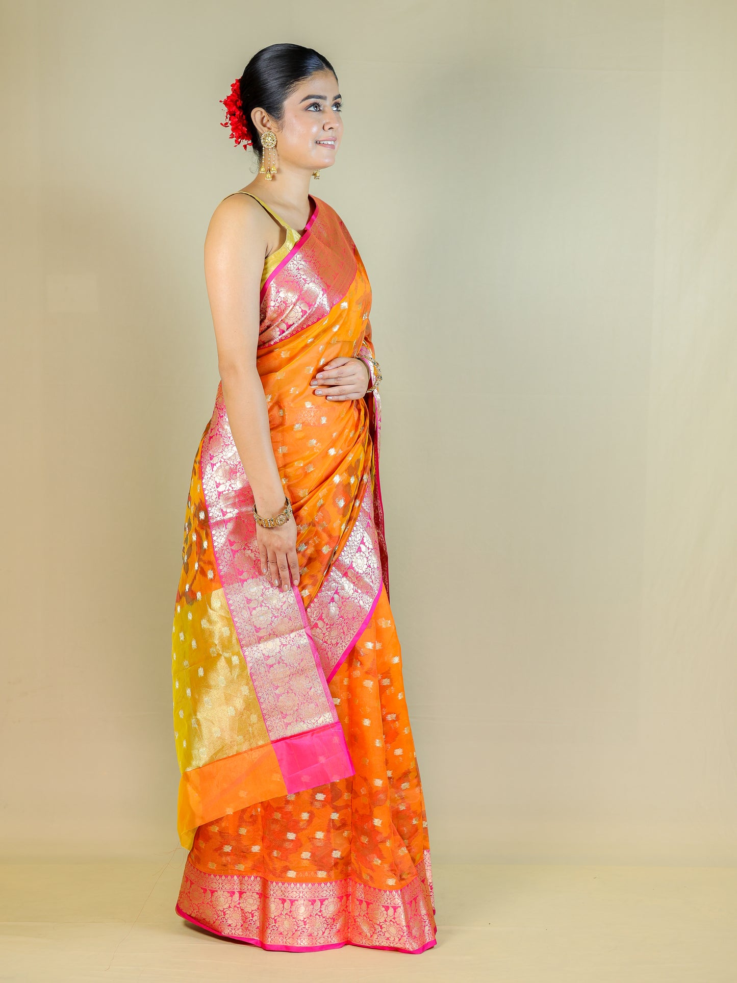 Orange Organza Saree with Pink Zari Border – Lightweight Party Wear Saree