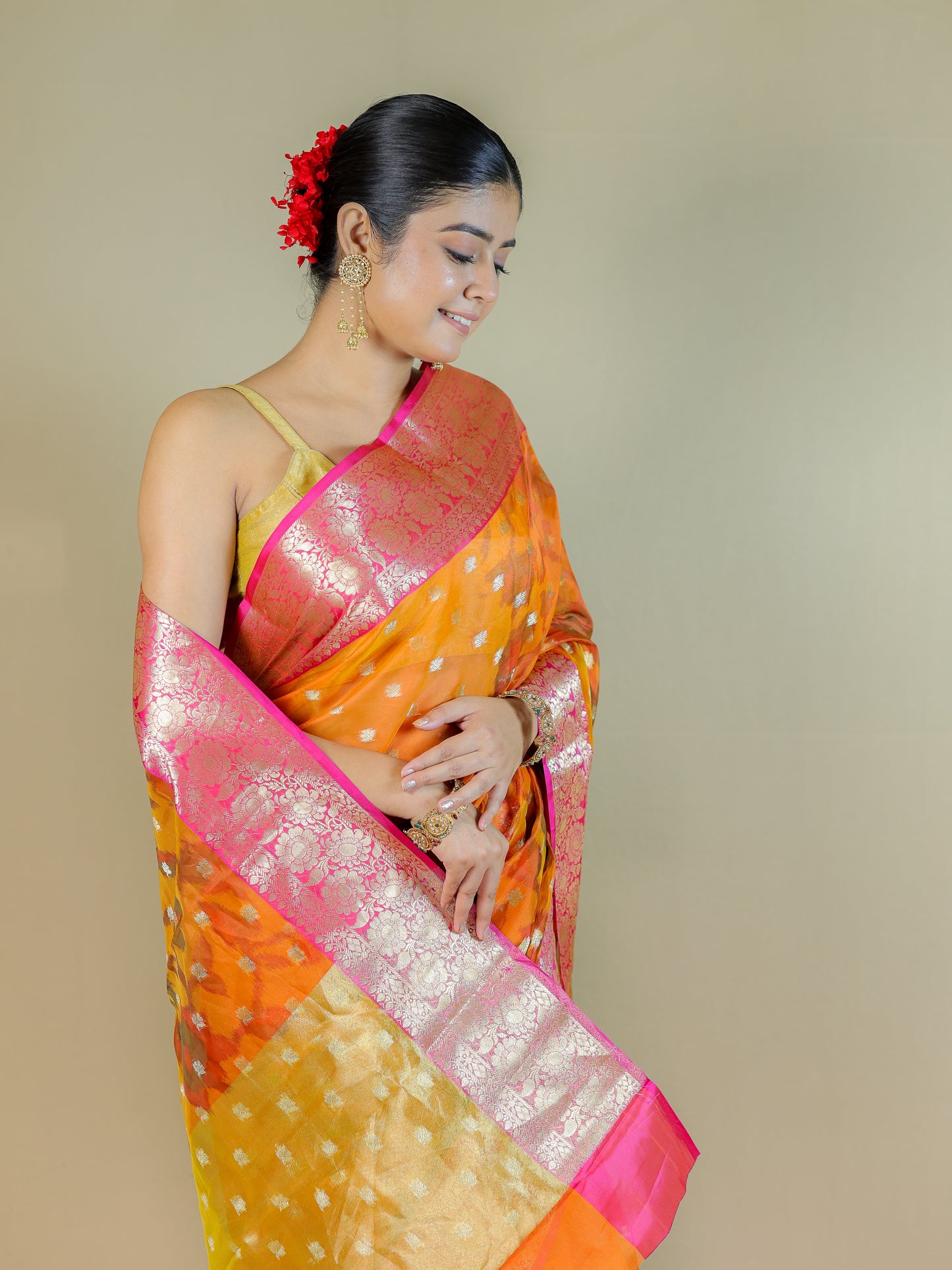 Orange Organza Saree with Pink Zari Border – Lightweight Party Wear Saree
