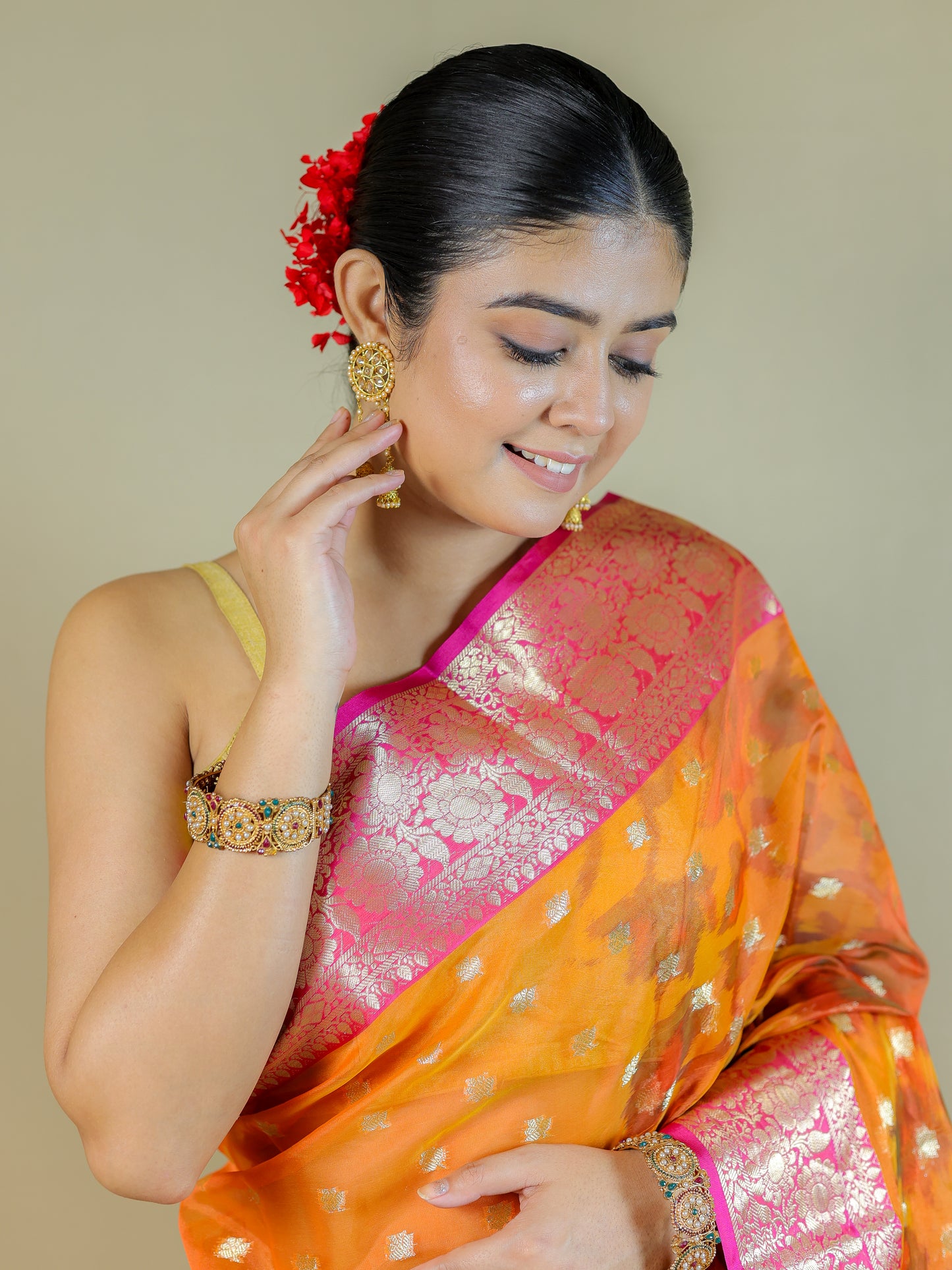 Orange Organza Saree with Pink Zari Border – Lightweight Party Wear Saree