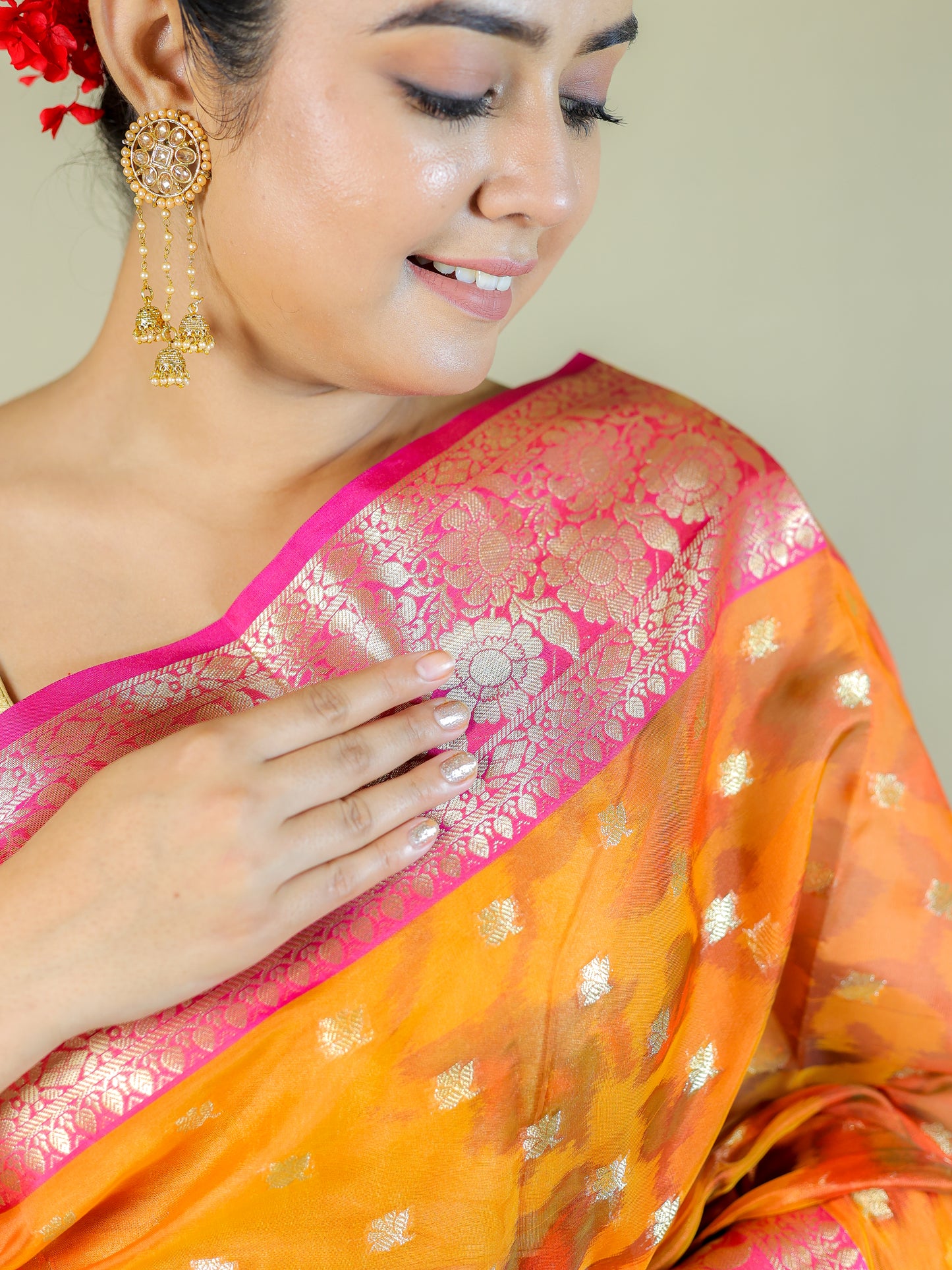 Orange Organza Saree with Pink Zari Border – Lightweight Party Wear Saree