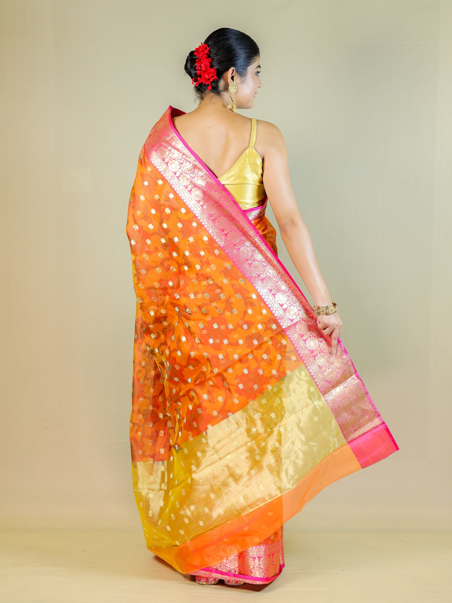 Orange Organza Saree with Pink Zari Border – Lightweight Party Wear Saree